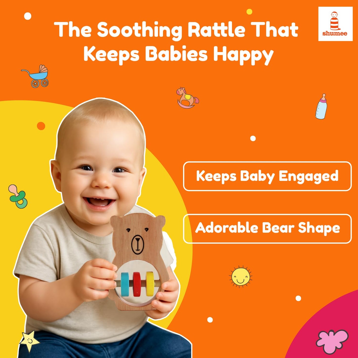 Shumee Wooden Baby Bear Rattle & Teether Wooden Montessori Toy For Babies (0-6 Months), Lightweight & Safe Enhances Grasping Woo