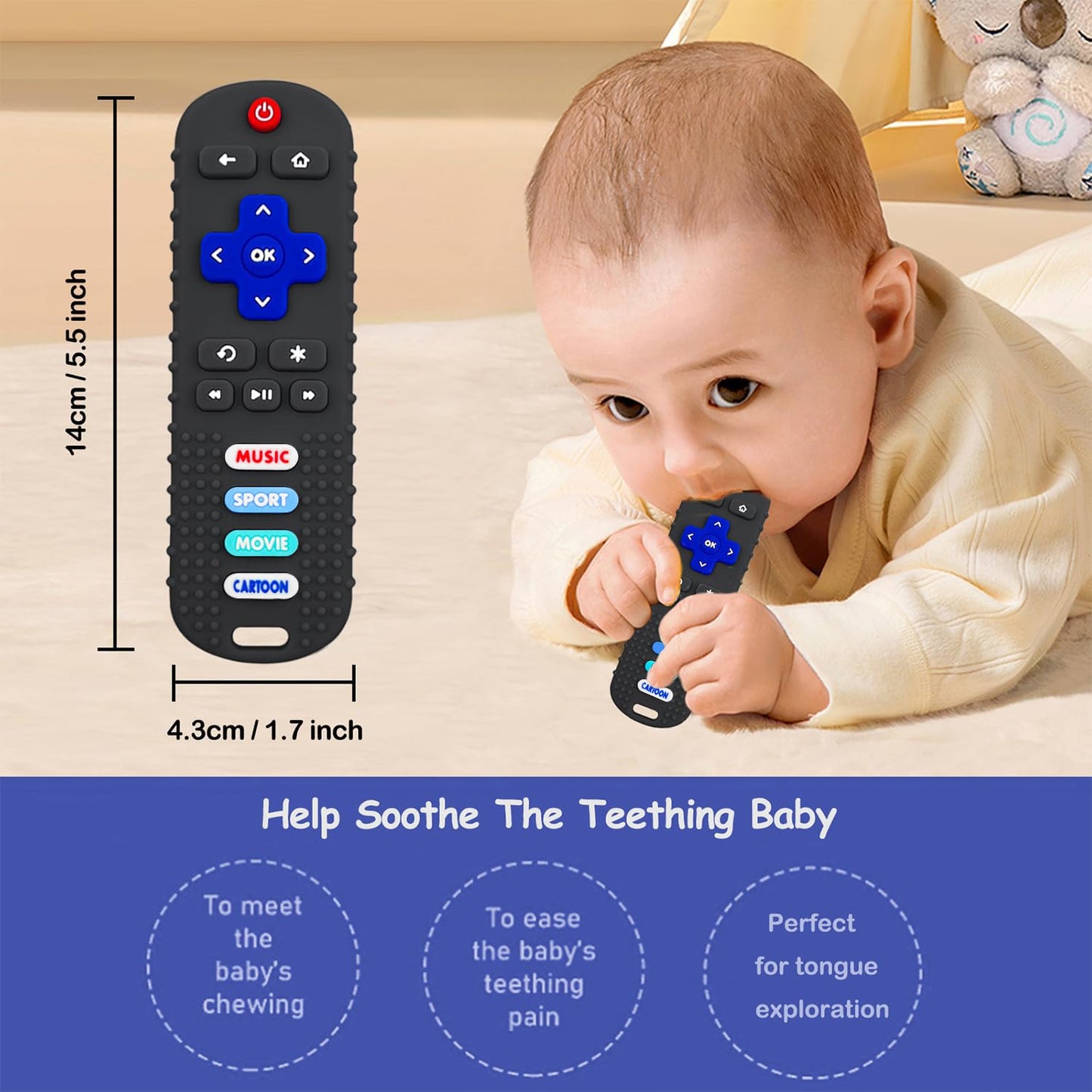 2-Pack Baby Remote Control Teether Toy For Babies 6-36 Months Silicone Baby Teething Toys Boys Girls Baby Teething Toys (Black + Gray)