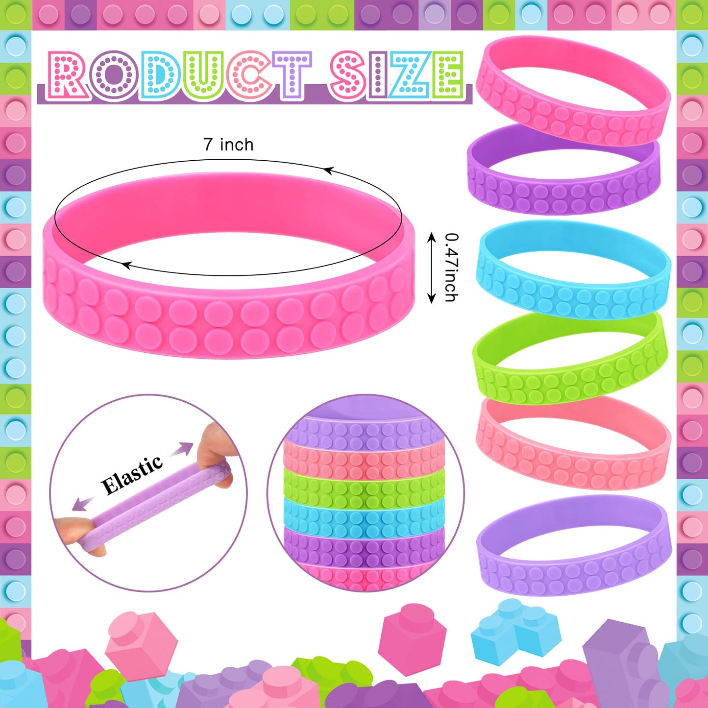 Inbagi 24 Pcs Building Block Bracelet for Kids 6 Color Silicone Wristband Rubber Bracelet Bulk Pastel Stretch Wristband for Buil