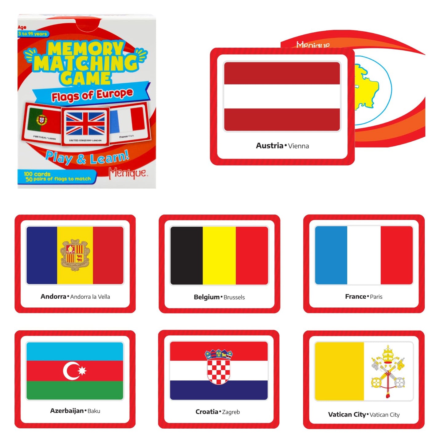 Menique Flags of Europe Memory Matching Game - 100 Cards (50 Pairs) with Flag, Country & Capital - Educational Geography Game fo