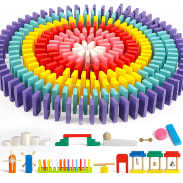 Joqutoys 600 PCS Dominoes Set for Kids  Wooden Domino Building Blocks  6 Colors Bulk Dominoes Racing Tiles Games with Extra 26 Add-on Blocks and Storage Bag  Educational Toys for Kids Birthday Party
