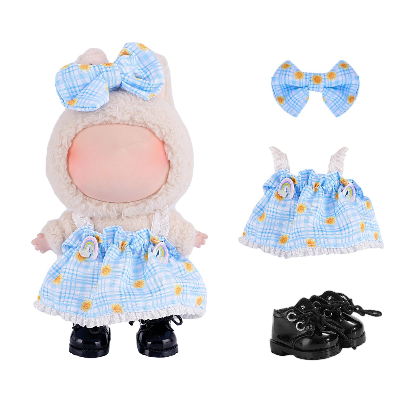 3-Piece Clothes for 17cm Doll Clothes Set & Outfit-Light Blue Gingham Plaid Dress + Butterfly Clip + Versatile Black Glossy Shoes