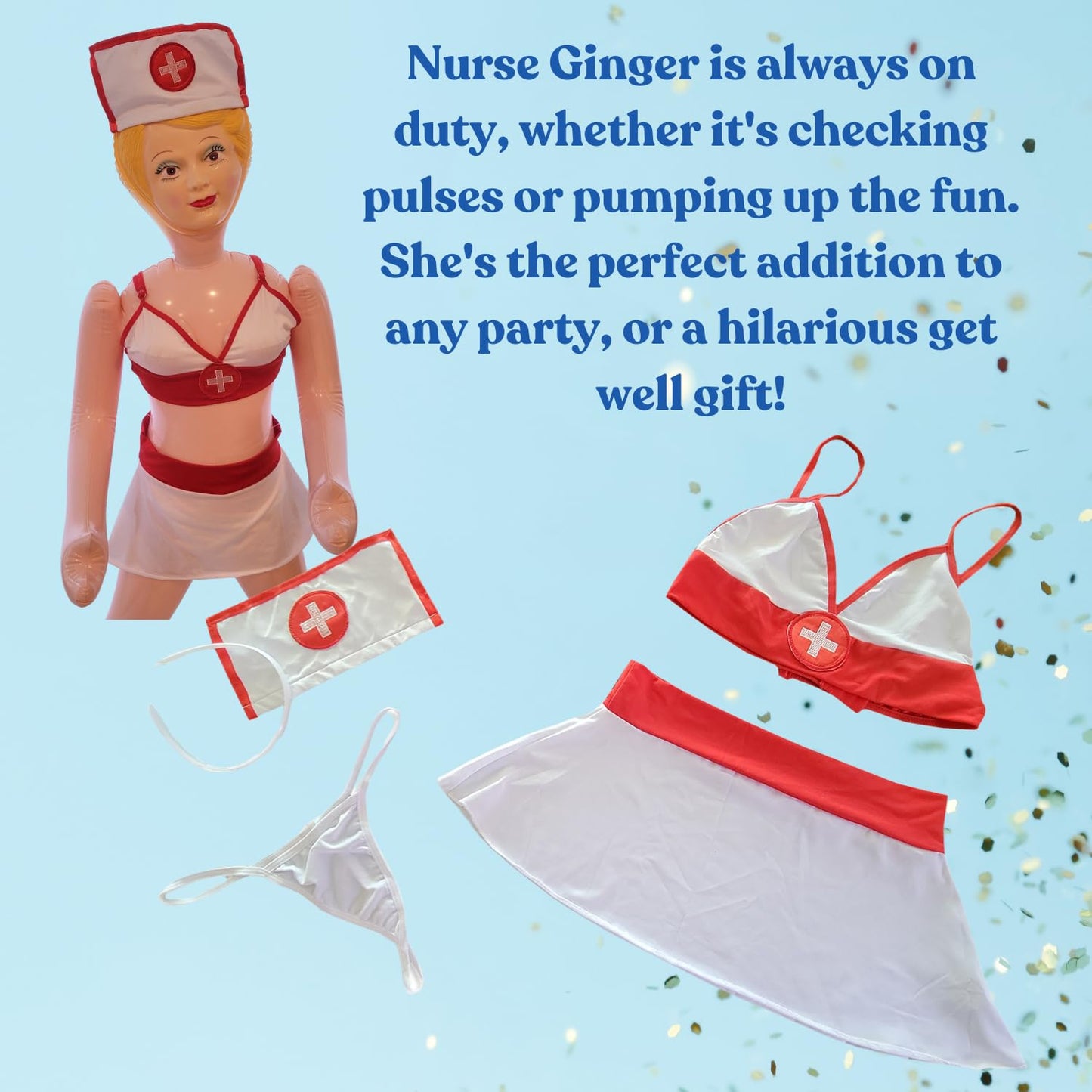 Merrimix - Ginger Inflatable Blow Up Doll With Nurse Costume, Gag Gifts For Men, Bachelor Party Favors And Decoration Accessorie