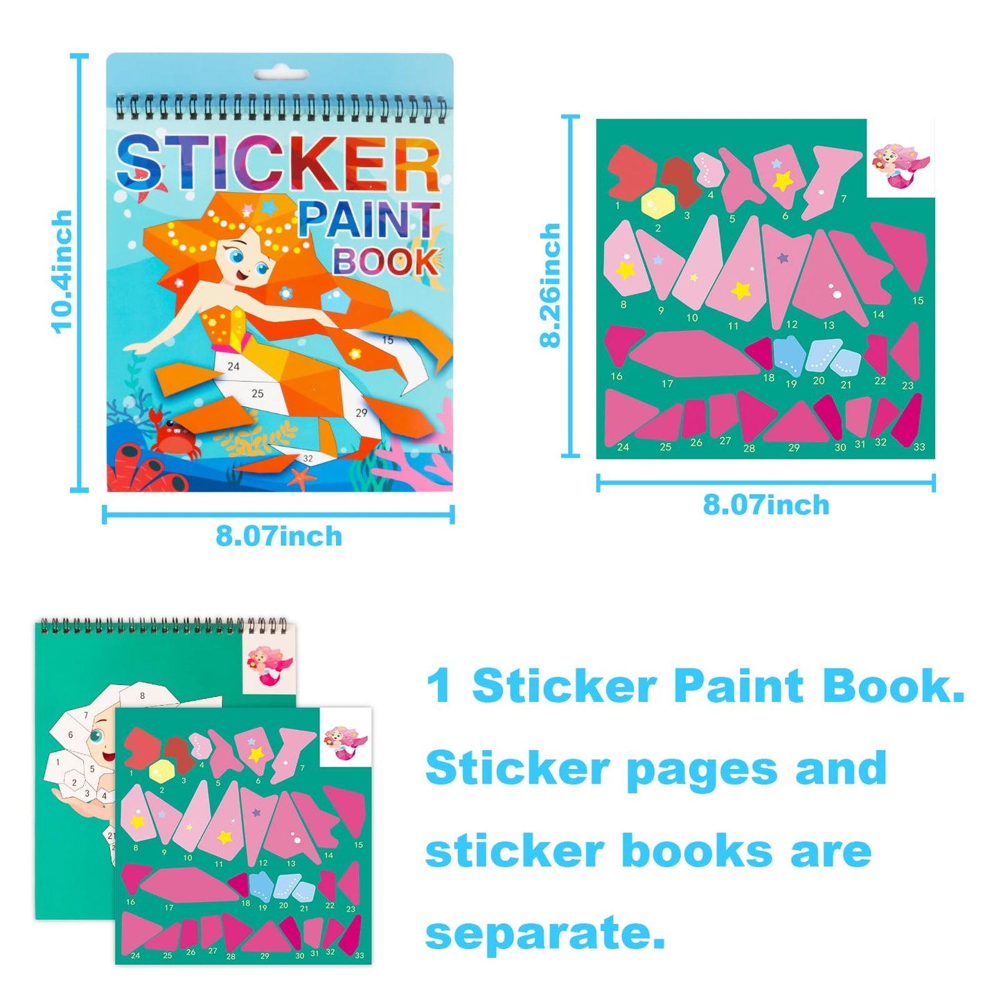 Mermaid Sticker Book Crafts For Kids Ages 4-8 Sticker Paint Books Stickers For Kids Girls Birthday Party Favors Road Plane Travel Learning Number Toys Activity Books (Mermaid)