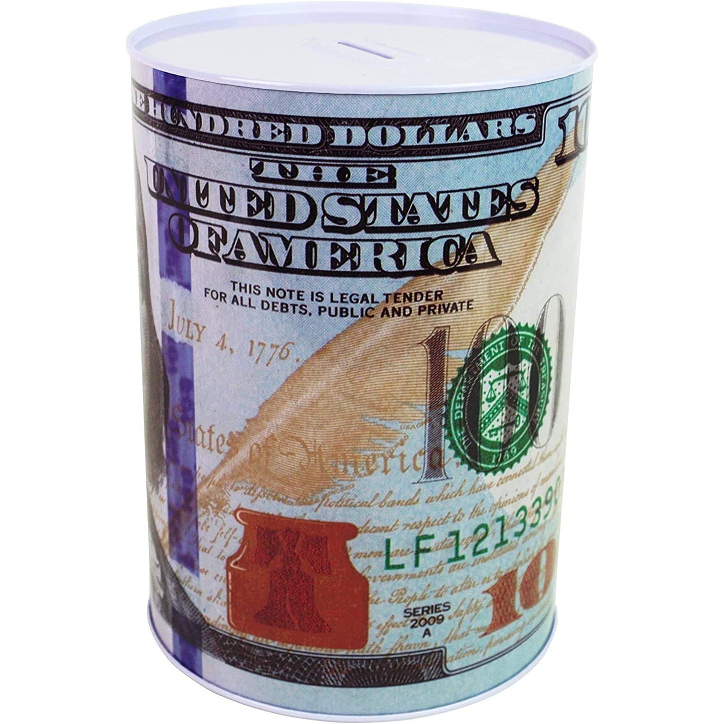 $100 Dollar Bill Piggy Bank 5 7/8'' Tall Coin Saving Money Currency Benjamin Franklin Tin Can Banknote Jar (1 Pack, 8 1/2'' X 6'