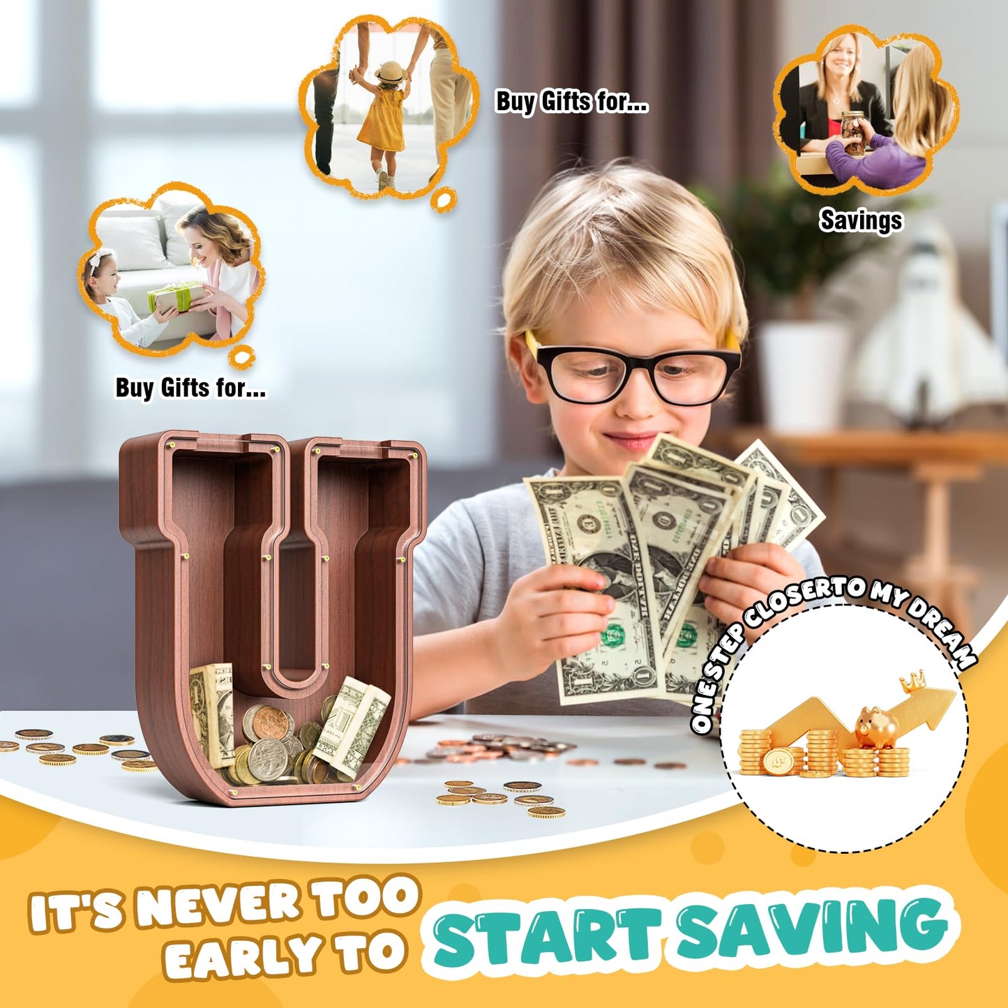 Summidate Wooden Letter Piggy Bank  Extra Thick Large Capacity Piggy Bank for Kids Boys Girls Toddler  Alphabet U Money Bank| Coin Box Birthday  Christmas  Festival