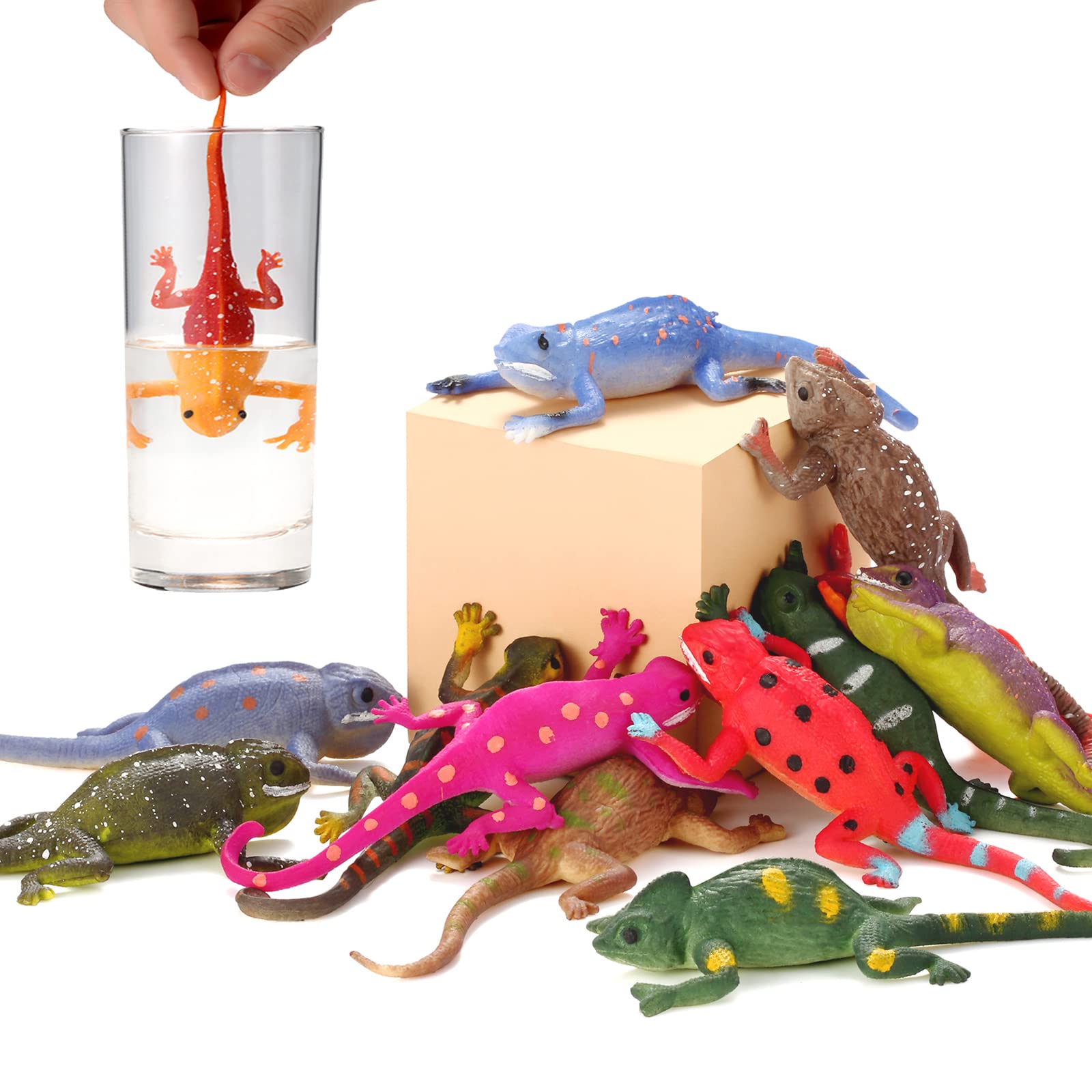 Axbotoy 12 Pack Lizard Animal Figurines,6 Color-Changeable and Stretchy Realistic Reptile Toy Set,for Themed Parties,Goodie Bag 