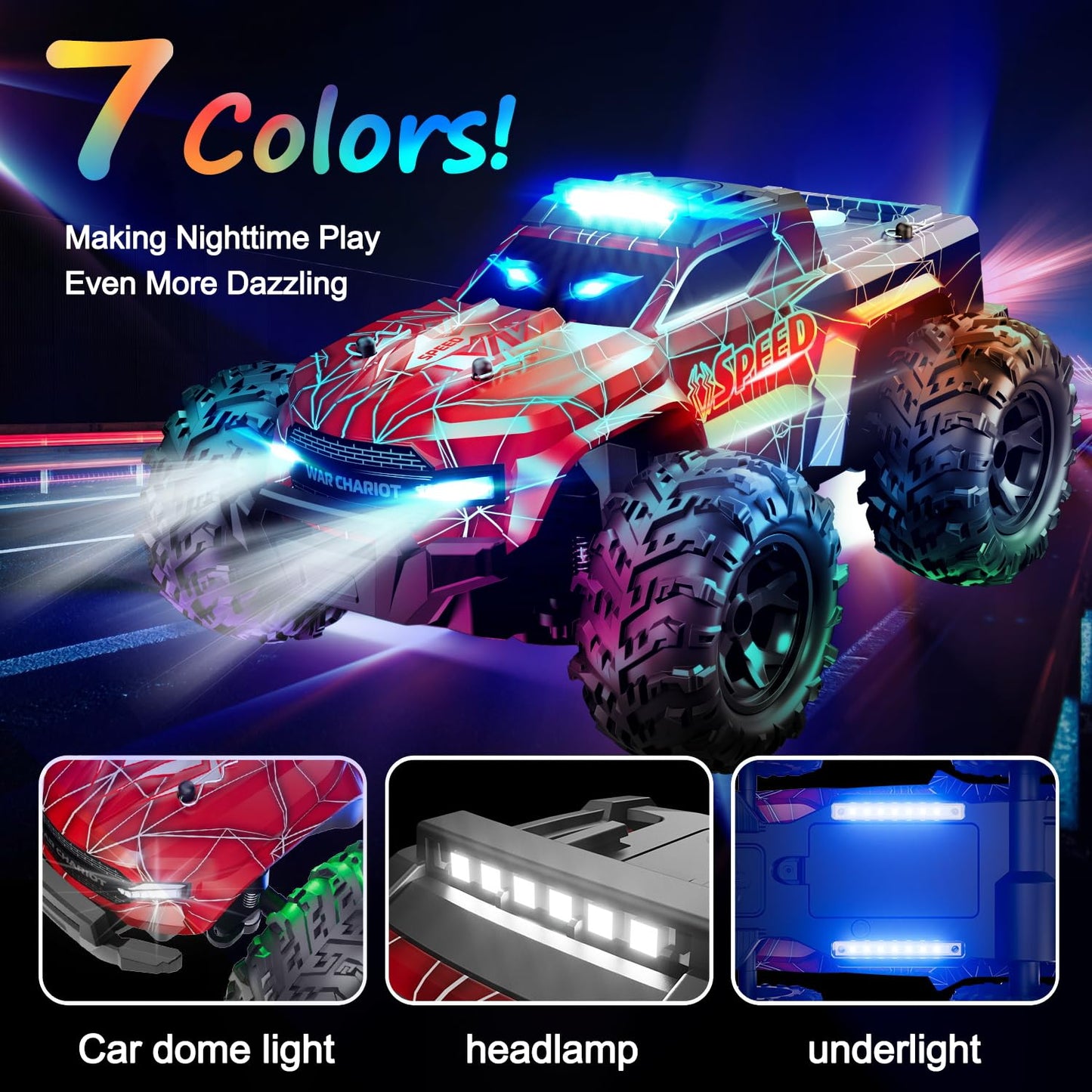 Remote Control Monster Truck All Terrain Rc Cars For Boy, 1:16 Scale Rc Truck With Colorful Led Lights & Spray, Kids Toys For Bo