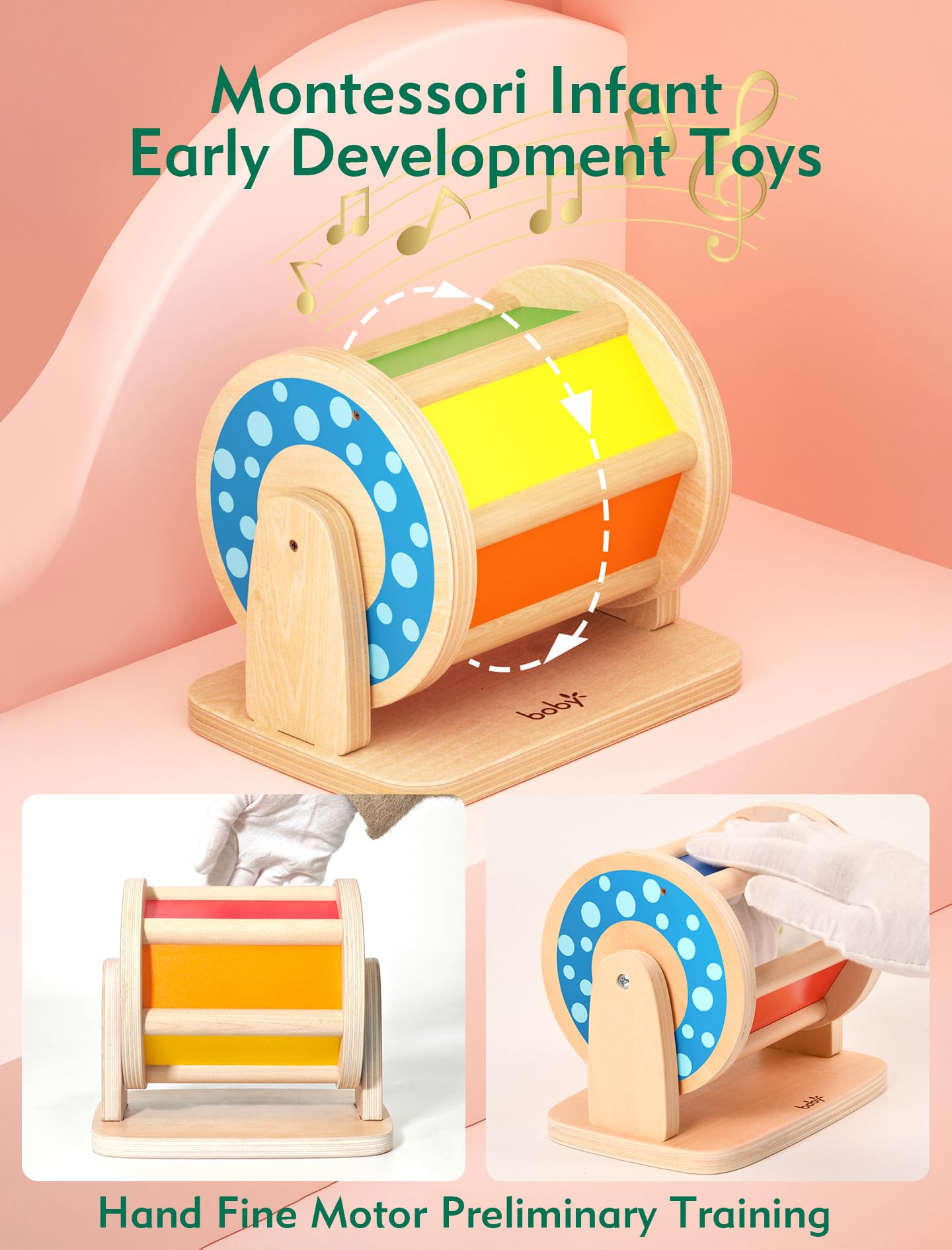 Montessori Spinning Drum Toy Set for Babies 6-12 Months  Sensory Development & Tummy Time Fun - Wooden Infant Toys with Mirror & Bell  for Boys & Girls