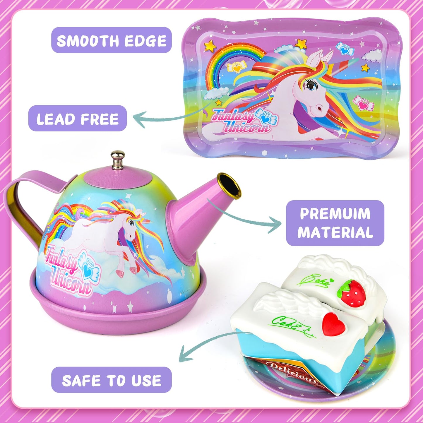 Unicorn Tea Party Set for Little Girls, Unicorn Tea Set Toys for Girls Age 3 4 5 6 Year Old, Toddler Kids Kitchen Pretend Play T