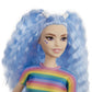 Barbie Fashionistas Doll With Long Blue Crimped Hair, Star Face Makeup, Multi-Color Striped Tee, Denim Skirt, Black Boots & Silv