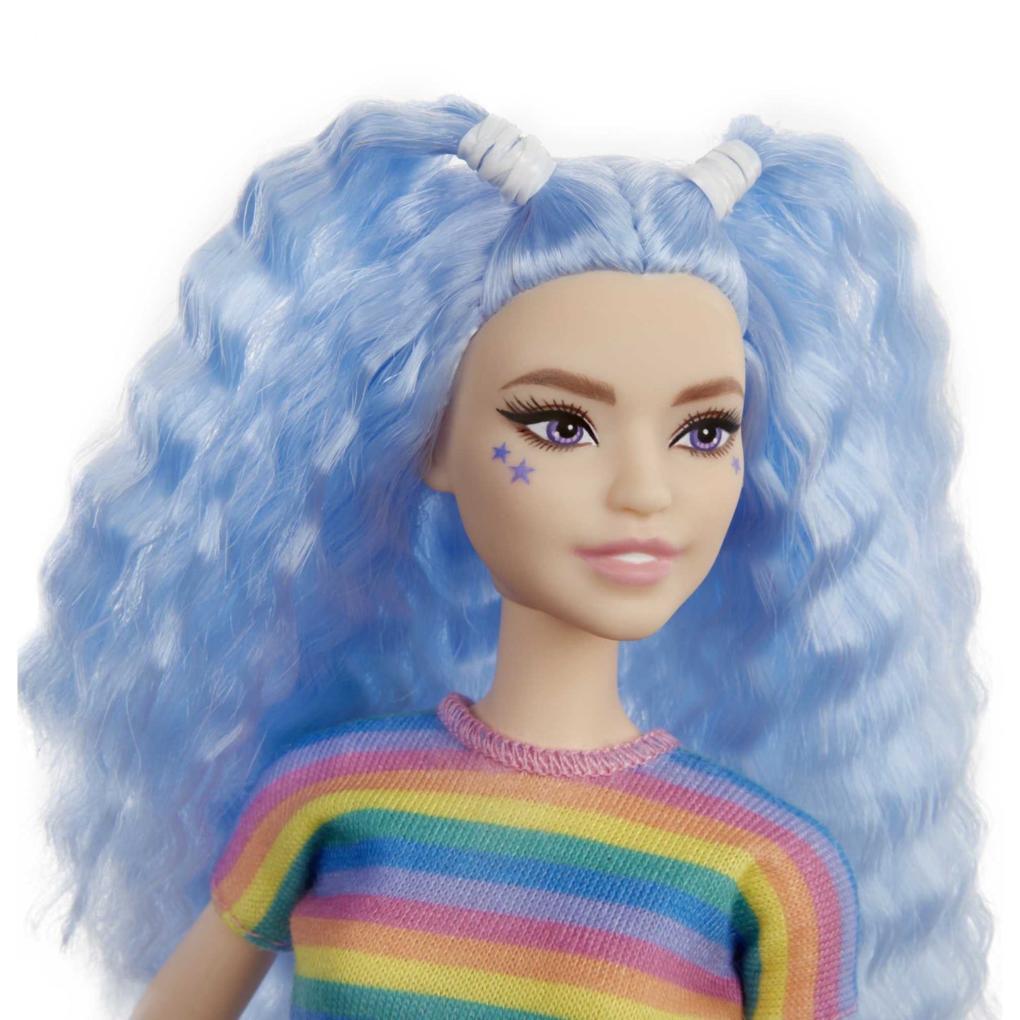 Barbie Fashionistas Doll With Long Blue Crimped Hair, Star Face Makeup, Multi-Color Striped Tee, Denim Skirt, Black Boots & Silv