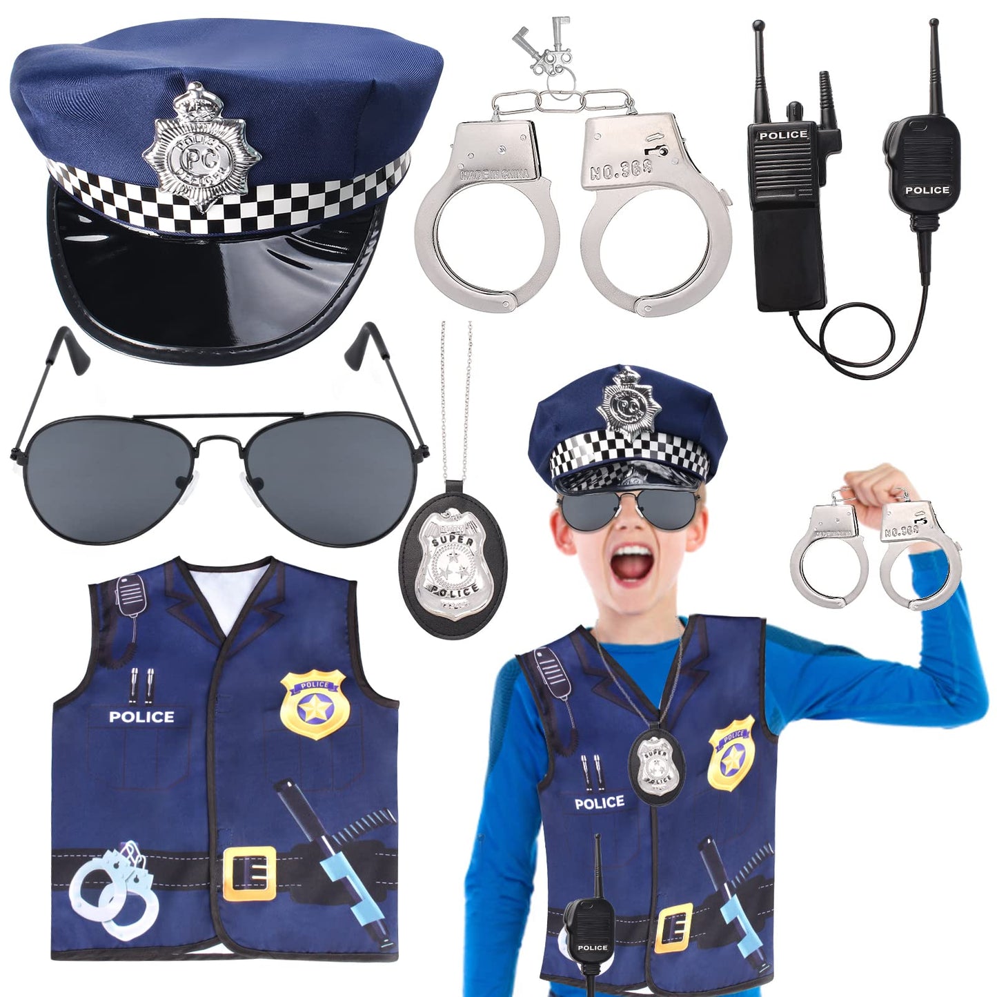 Keymall Kids Police Officer Costume 6 Pcs Cop Accessories Set Including Hat Vest Sunglasses Badge Handcuff Walkie Talkie For Halloween