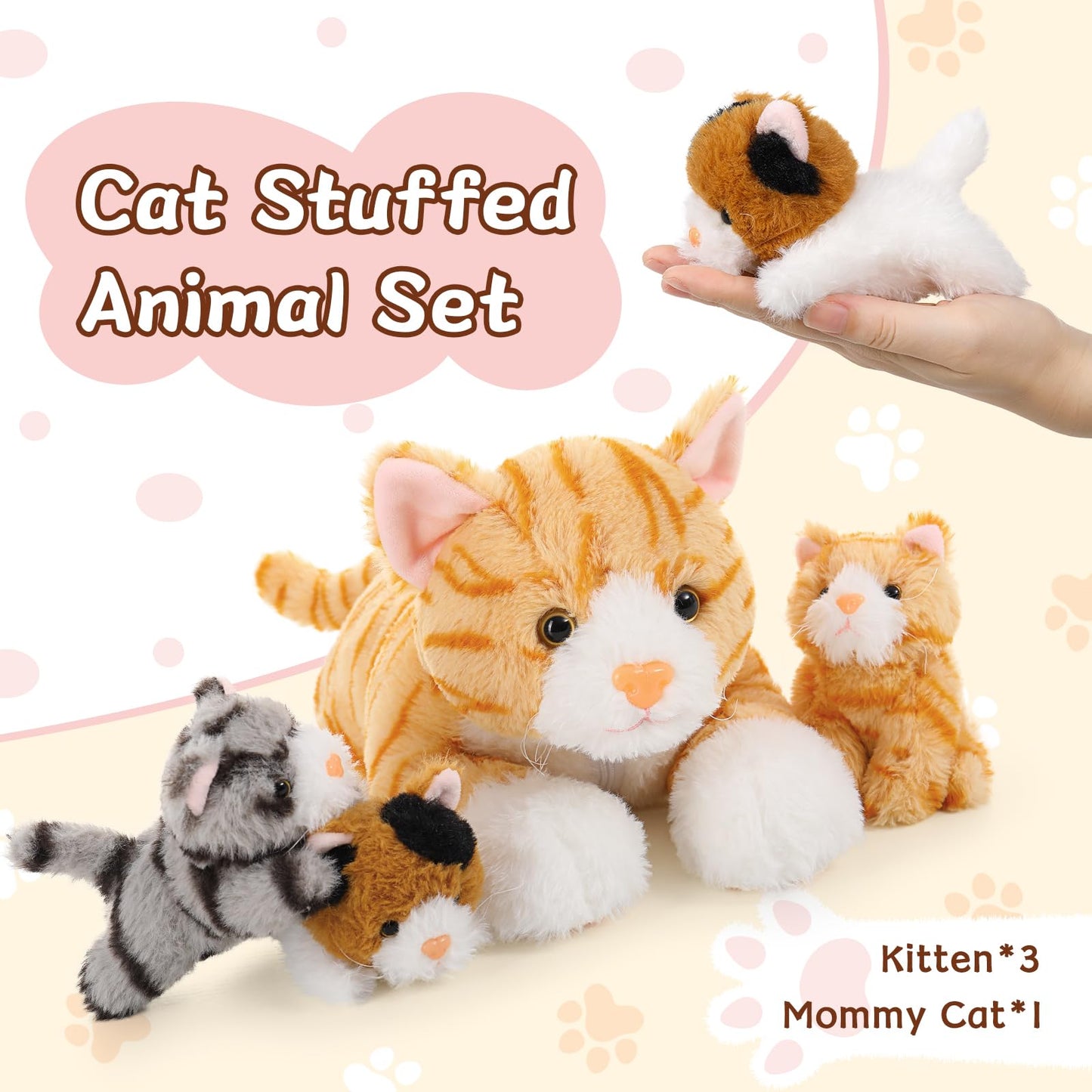 Muiteiur 4-Piece Cat Stuffed Animals Set, 15.7" Yellow Plush Mom with 3 Kittens in Zipper Pouch, Perfect for Kids and Collectors