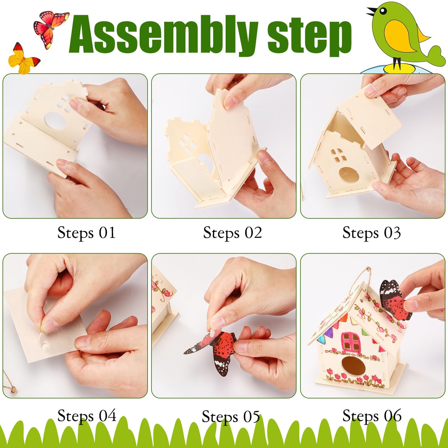 Sawysine 93 Pcs DIY Birdhouse Kits for Kids to Build, 36 Wooden Bird House 6 Shapes and 57 Butterfly Sticker for Children Spring