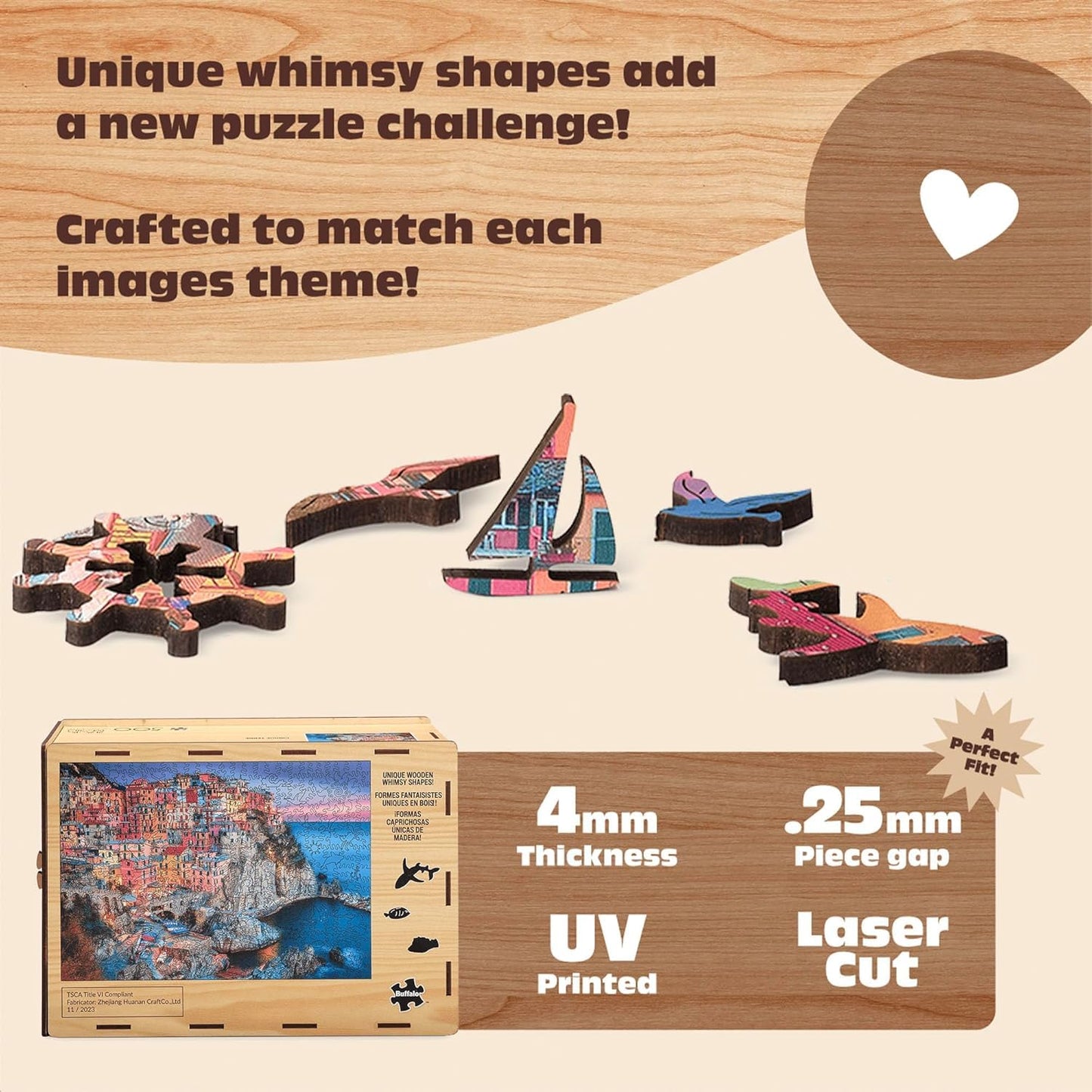 Buffalo Games - Cinque Terre Wood Puzzle - Whimsy Cut Jigsaw Pieces - 500 Piece Jigsaw Puzzle