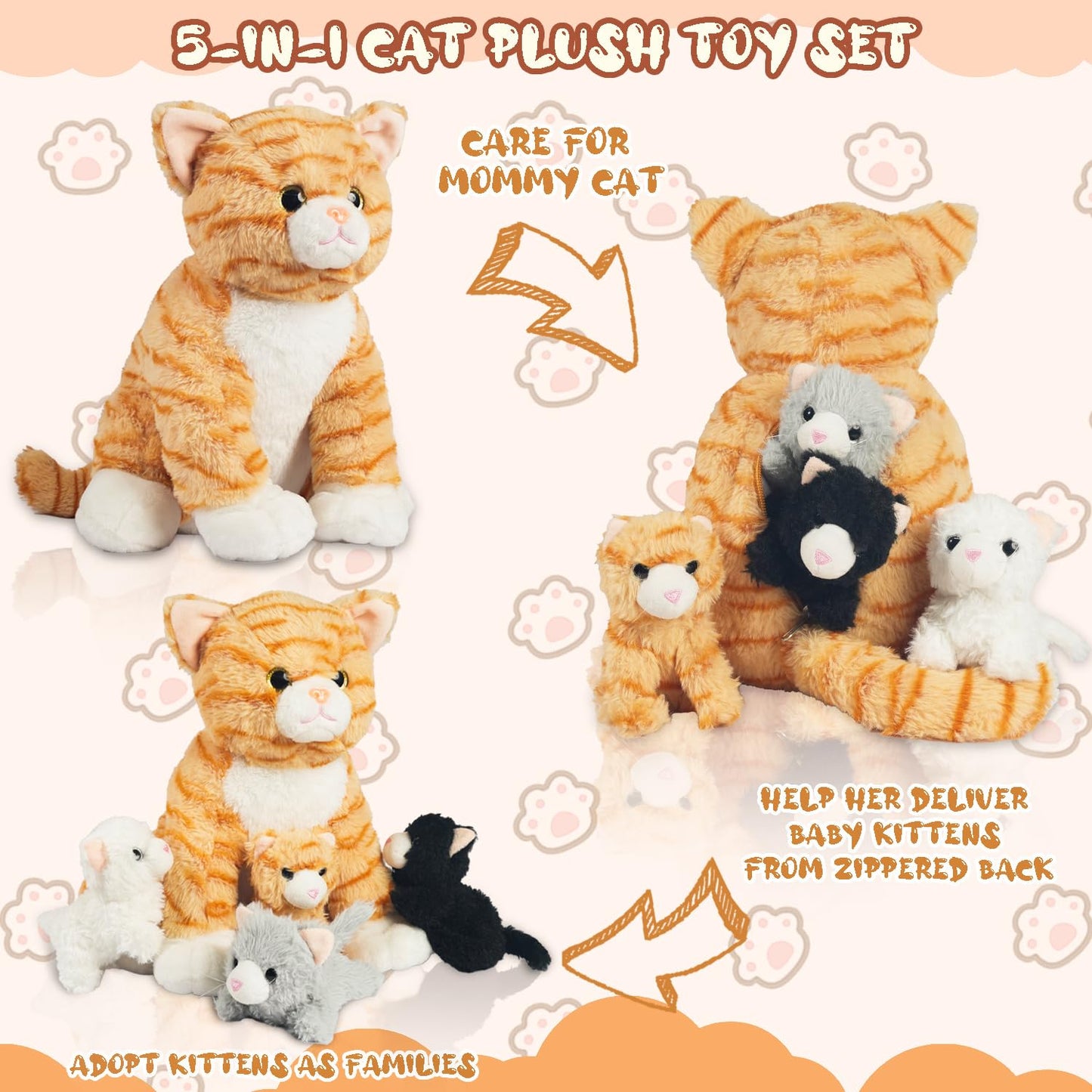 5 Pcs Cat Stuffed Animals With Babies Inside, 12 Inch Mommy Plush Cat Toy With 4 Kitten Babies In Zippered Pouch, Nurturing Mom