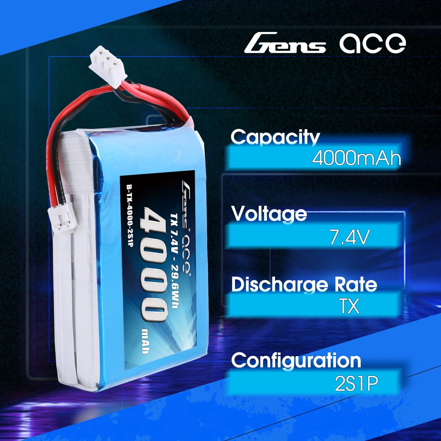 Gens ace 4000mAh 7.4V 2S TX LiPo Battery Pack with JST-EHR Plug for Spektrum DX9 DX8 DX7S DX7 Transmitter
