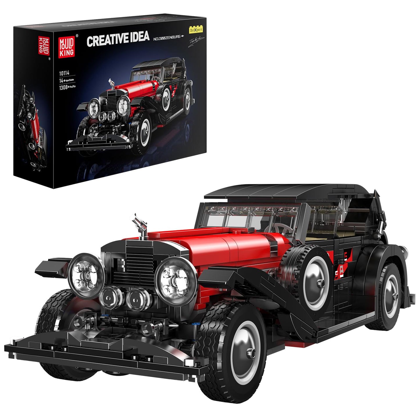 Mould King Vintage Car Building Set, 1380 Pieces, Plastic Model for Adults & Kids, 13"x4.6"x3.9" Collectible Retro Antique Vehicle