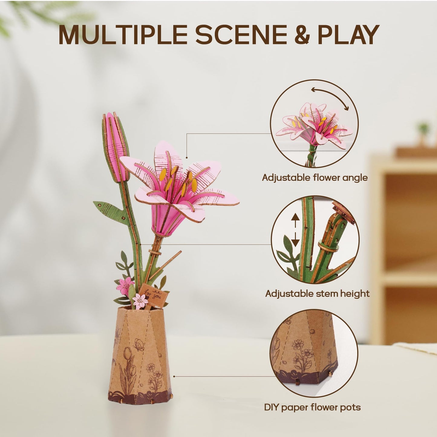Robotime Lily Flower Kit, 3D Wooden Flower Puzzle For Adults, Relax Craft For Adults Women, Wooden Artificial Flower Decorations