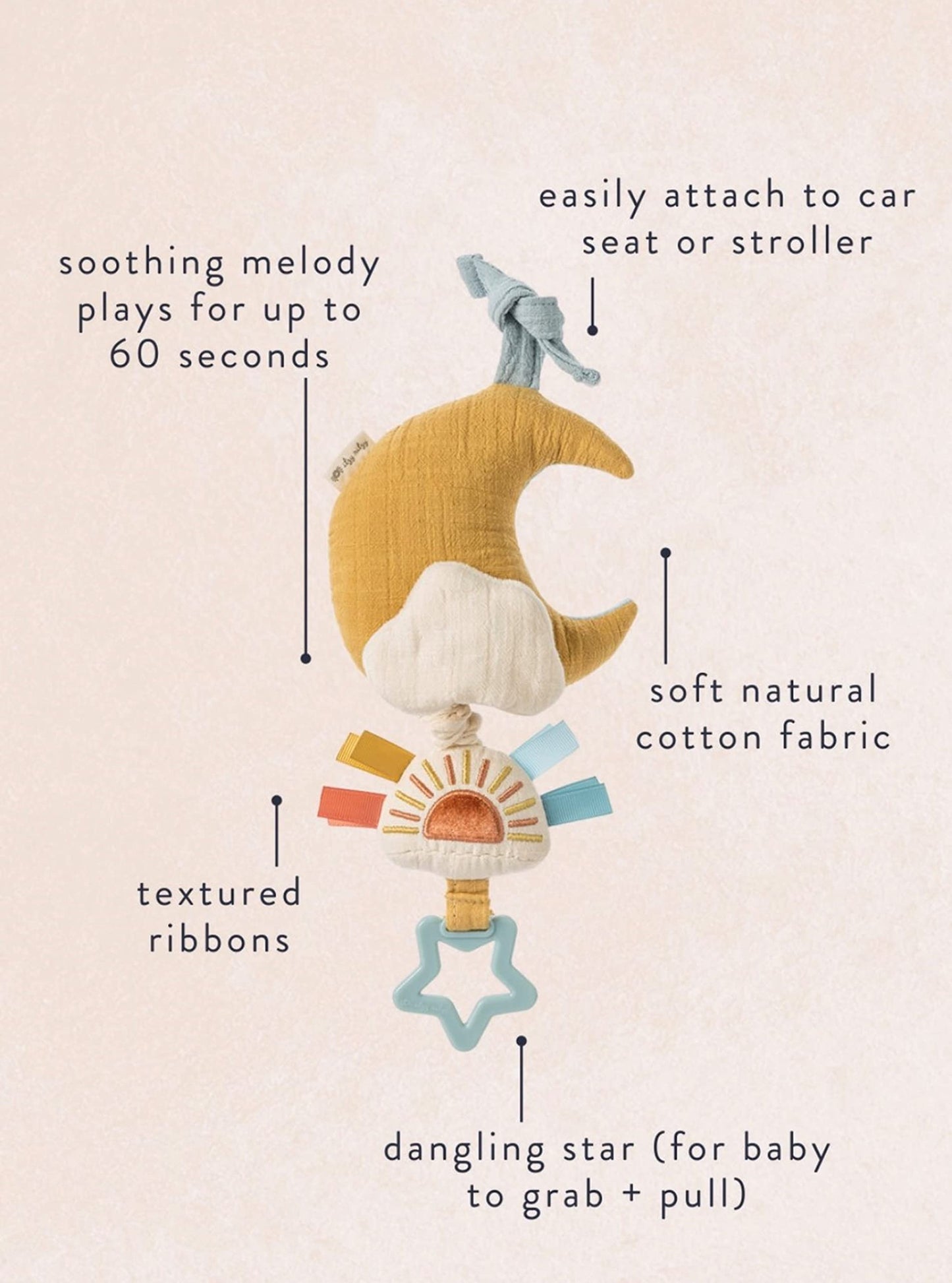 Itzy Ritzy - Musical Pull-Down Toy - Bitzy Notes Baby Musical Toy Attaches to Car Seat, Play Gym, or Stroller & Plays a Soothing