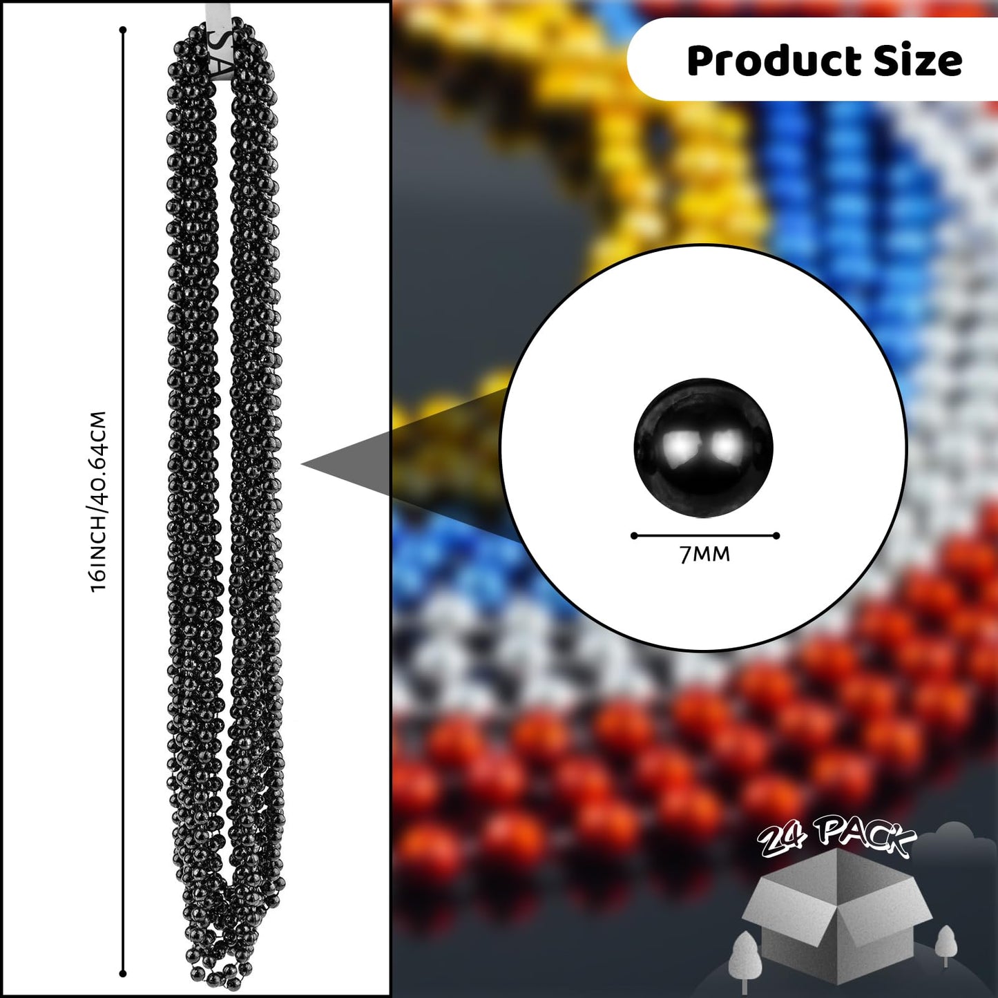 SHAOQINLIN 24 Pcs 33 Inch 7 mm Metallic Black Bead Necklaces, Mardi Gras Party Beads Necklace Bulk Round Halloween Beaded Neckla