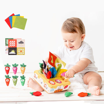 Sensory Toys for Babies 6-12 Months - Interactive Montessori Sensory Toys with Plush Carrots, Crinkle Sheets, and Colorful Tissu
