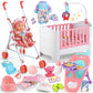 Baby Doll Crib And Stroller Accessories Play Set With 11 Baby Doll,Dining Chair,24 Pcs Dolls Accessories And 2 Sets Clothes,Real