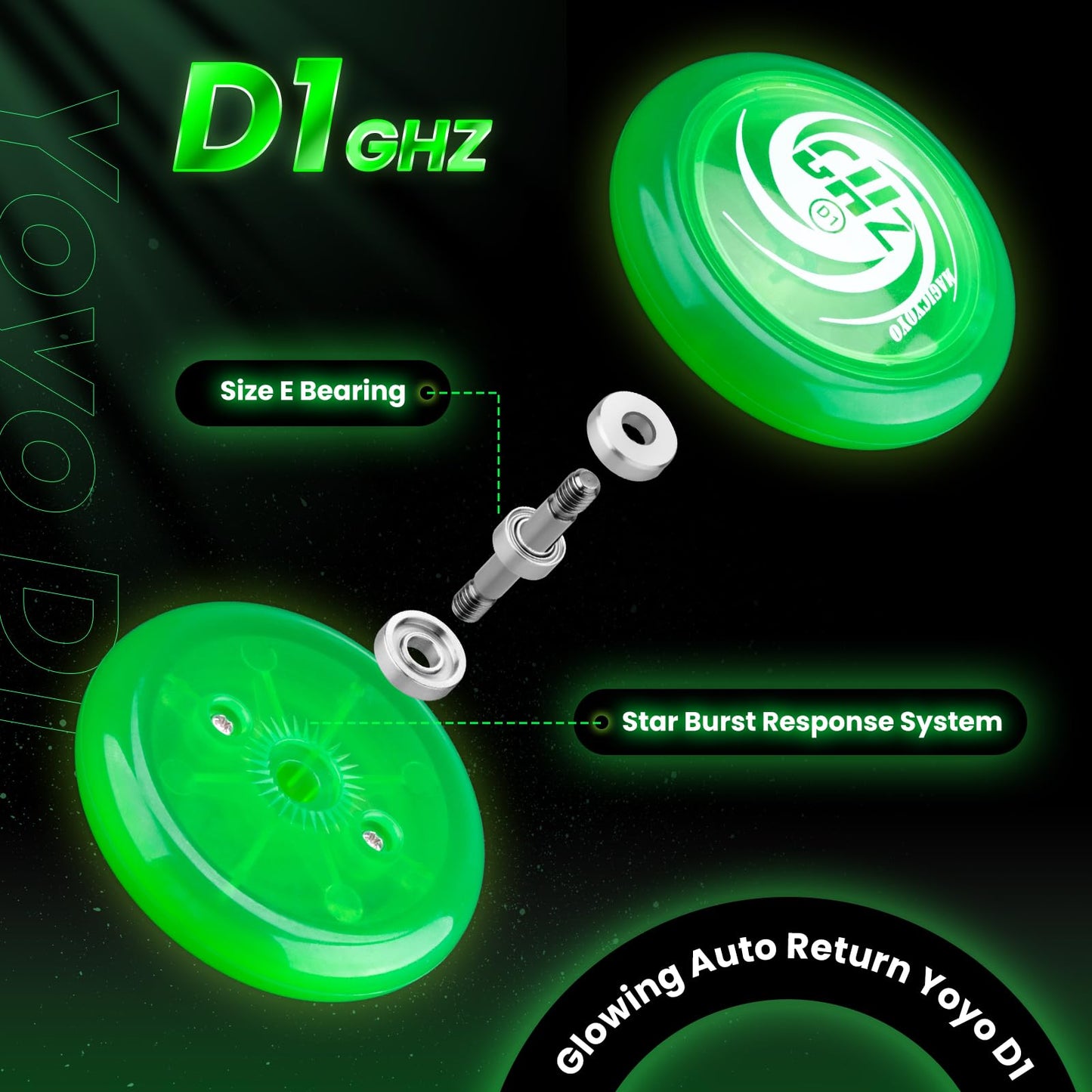 Magicyoyo D1 Ghz Looping Yoyo Glow In The Dark, Entry-Level Yoyo For Kids, Auto Return Yo-Yo For Beginner, Responsive Yo Yo For 2A Looping Trick, Kids Yoyos With 6 Yoyo Strings (Glow Green)