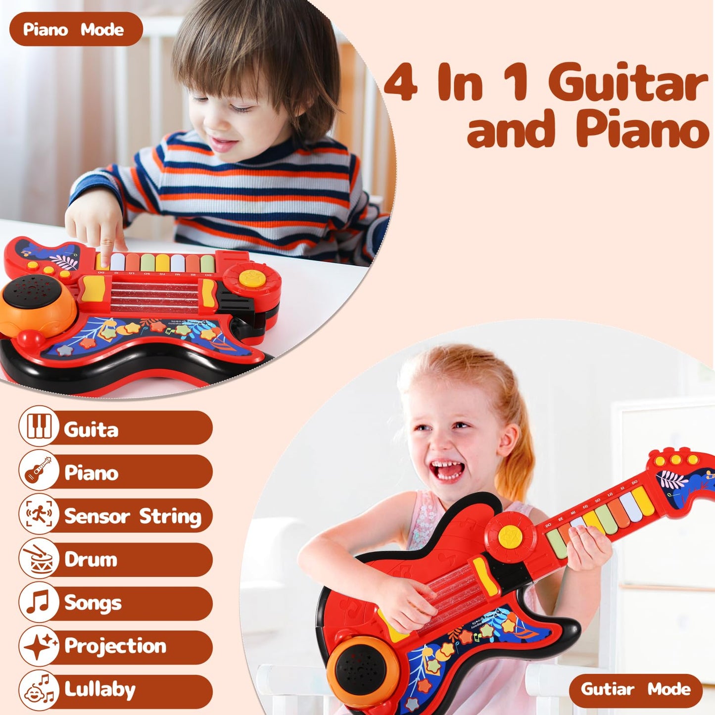 Kid Guitar, 4 In 1 Toddlers Guitar And Piano Guitar For Kids 3-5 With Strap Guitar For Toddlers 2-4 With Lullaby Projector Drum Toy Guitar For Kids Toy Toddler Guitar For 3 4 5 Year Old Boy Girl Gift