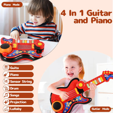 Kid Guitar, 4 In 1 Toddlers Guitar And Piano Guitar For Kids 3-5 With Strap Guitar For Toddlers 2-4 With Lullaby Projector Drum Toy Guitar For Kids Toy Toddler Guitar For 3 4 5 Year Old Boy Girl Gift