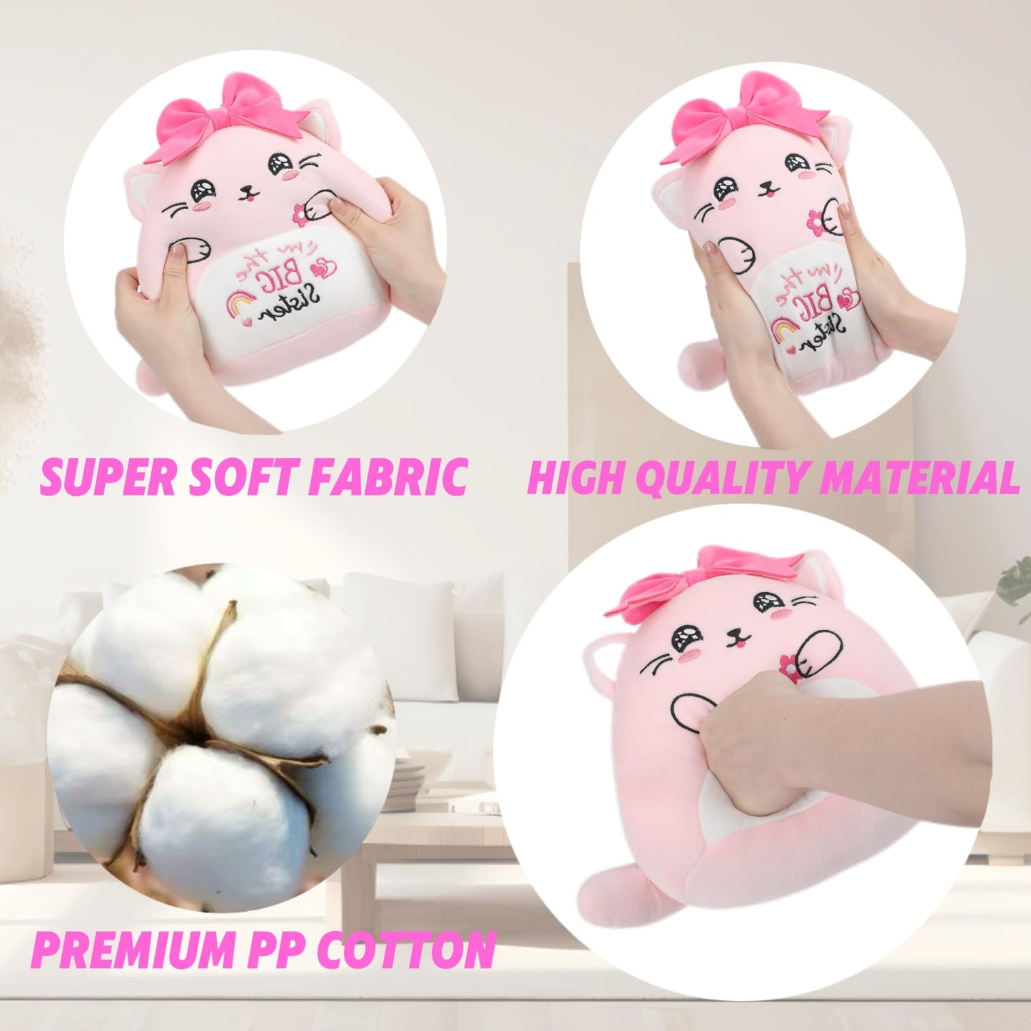 NIUBEHOHO Big Sister Plush Cat Stuffed Animal - 10 Inch Pink Cat with Bow, Perfect Gift for New Siblings, Soft Cotton Material