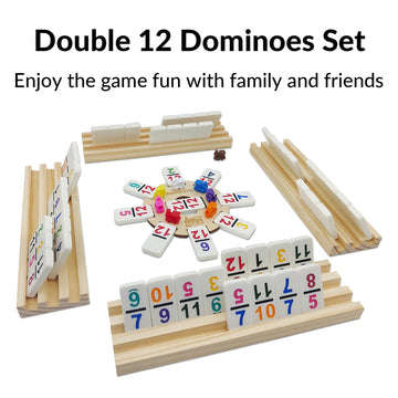 Mexican Train Dominoes Set With Numbers And 4 Wooden Racks, Double 12 Domino Travel Set With Wooden Hub, 91 Colored Domino Tiles