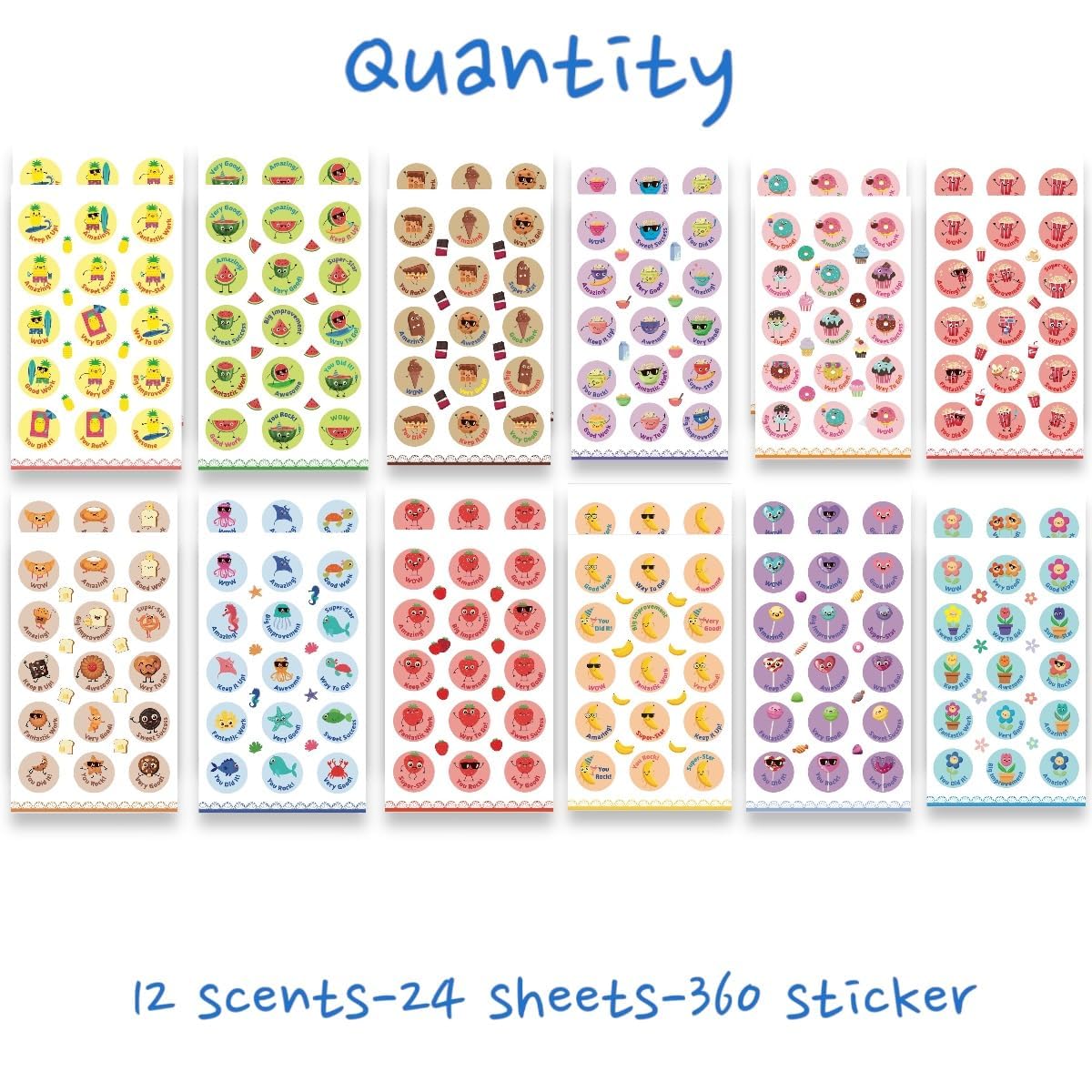 Joyful Artistry Scratch and Sniff Stickers - 24 Sheets, 12 Scents, Multi-Color Reward Stickers for Kids and Teachers, Model: smelly_XXX_24