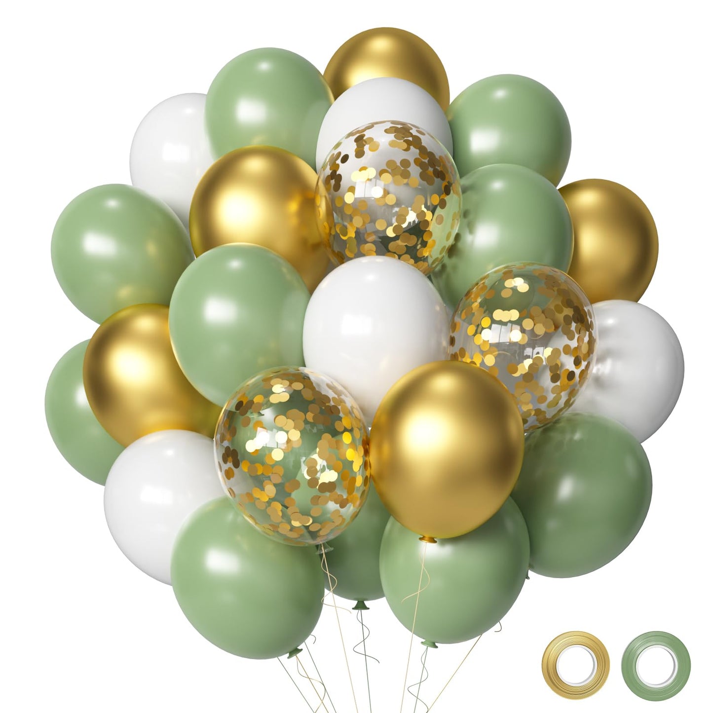 Sage Green Gold White Party Balloons, 50Pcs Sage Green And Gold Confetti Party Balloons For Birthday Baby Shower Engagement Wedd