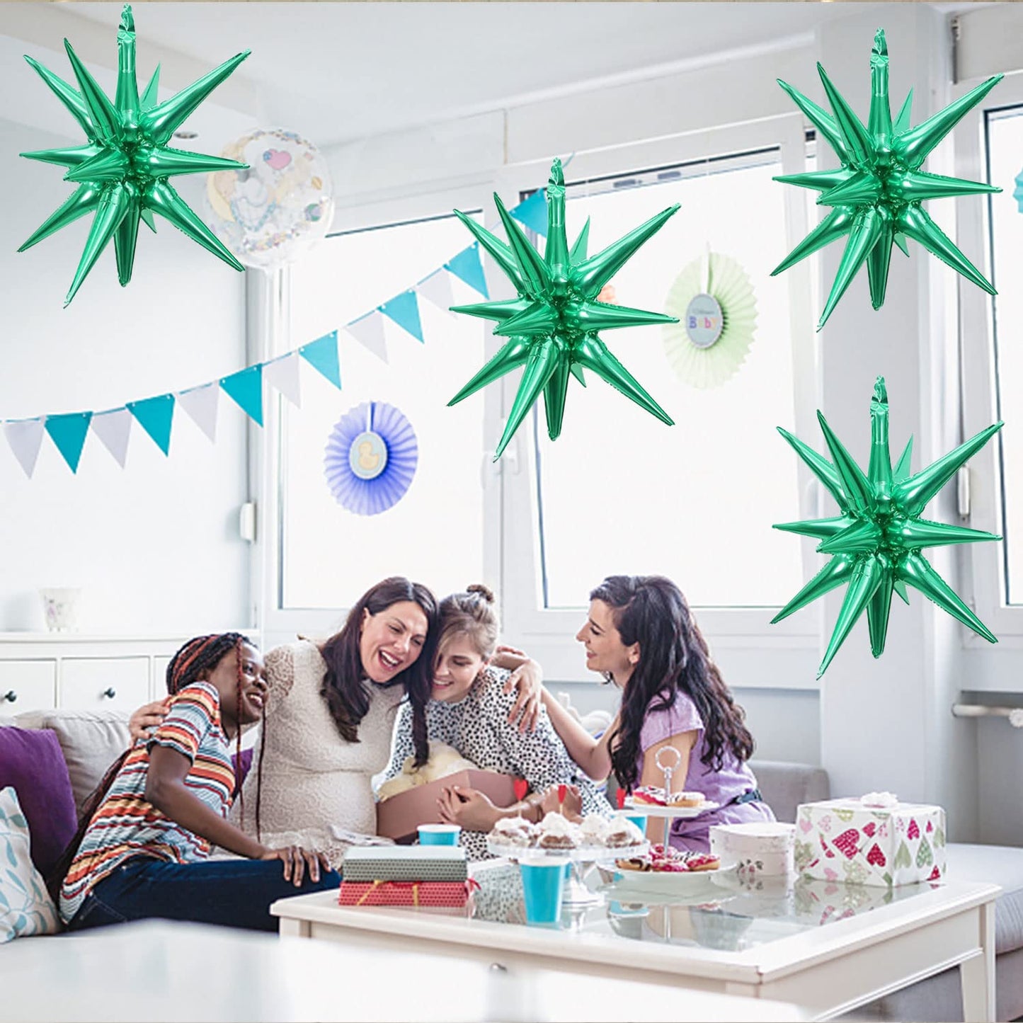 6 Pcs Green Star Foil Balloons One-Piece 14-Pointed Star Balloons 4D Starburst Cone Mylar Balloons 22Inch Christmas Birthday Wed