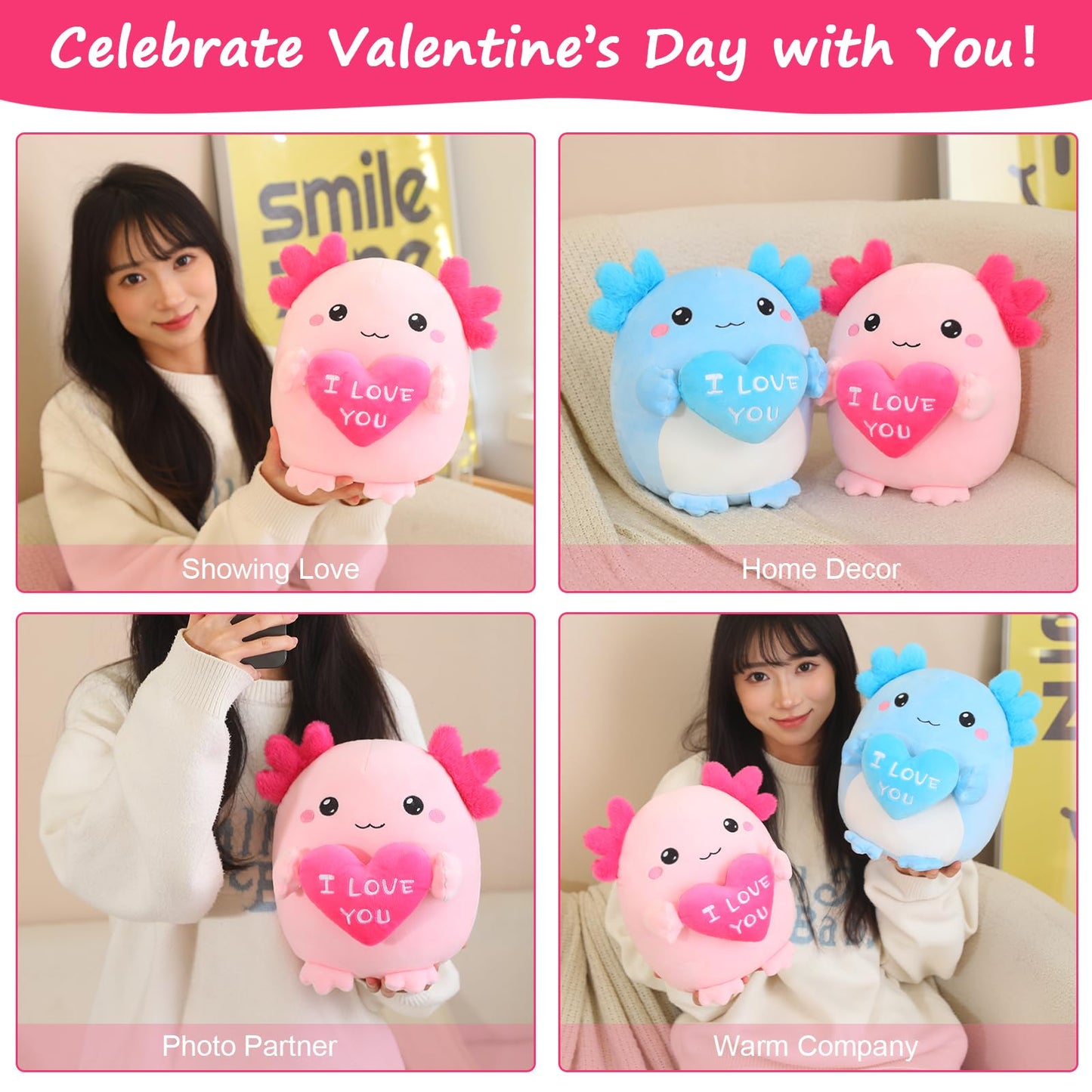 Finebee Axolotl Stuffed Animal, Loving Axolotl Plush Toys With Holding Heart I Love You For Valentine'S Day, Sweet Romantic Anni