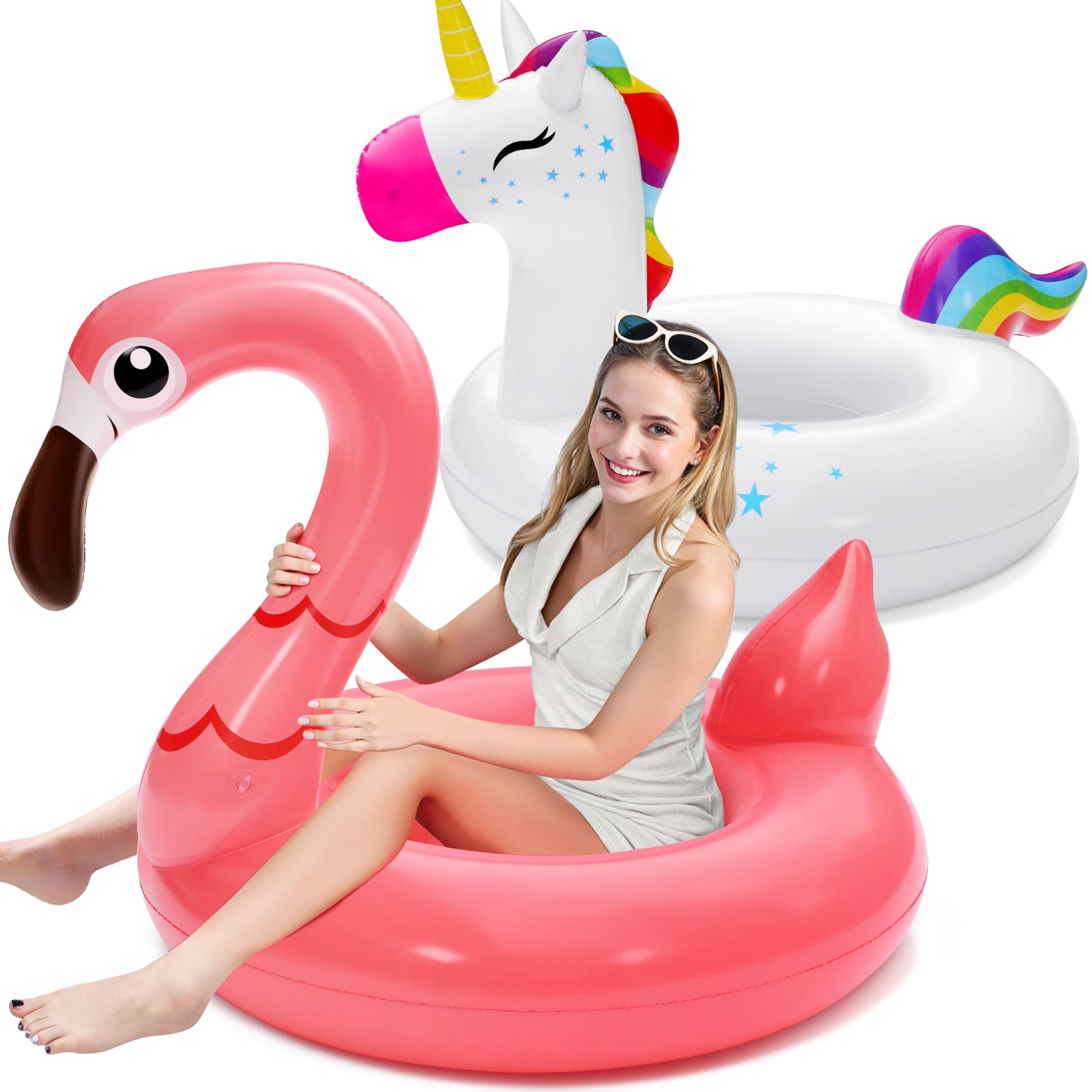 SLOOSH 2-Pack Unicorn Flamingo Pool Floats - Inflatable Pool Floaties Swimming Party Decorations, Fun Float Swim Rings Floating 