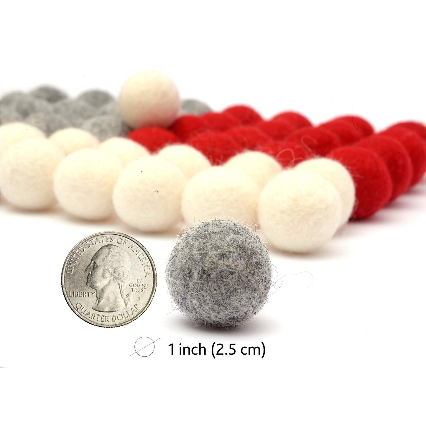 Glaciart One Wool Felt Balls (50 Pieces) 1 Inch (2.5 Cm), 100% New Zealand Wool, 3 Colors (White, Red and Grey) Hand-Felted in N