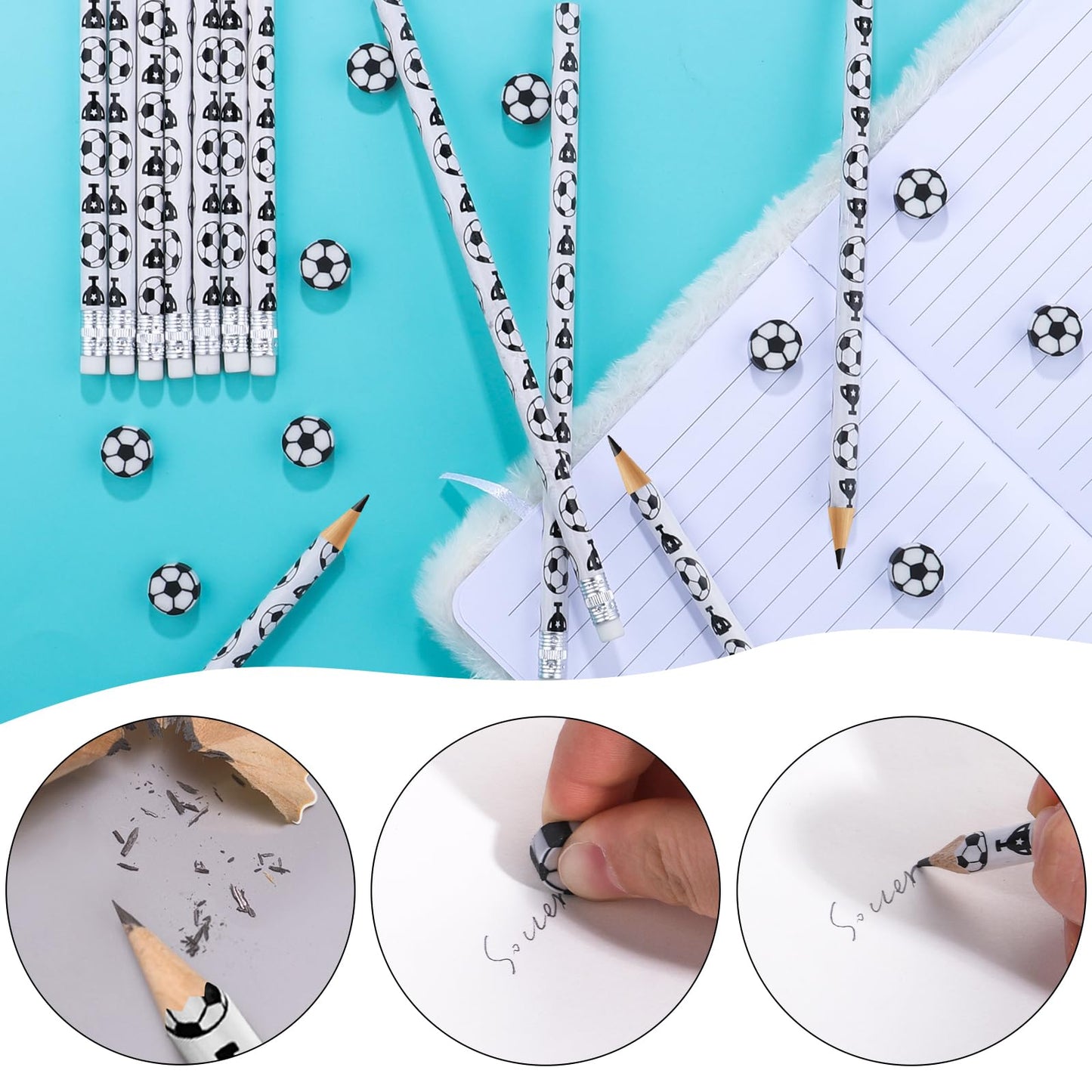 Moncinday 60PCs Soccer Pencils Soccer Erasers for Kids Wooden Pencils for Soccer Themed Birthday Party Favors Students Stationer