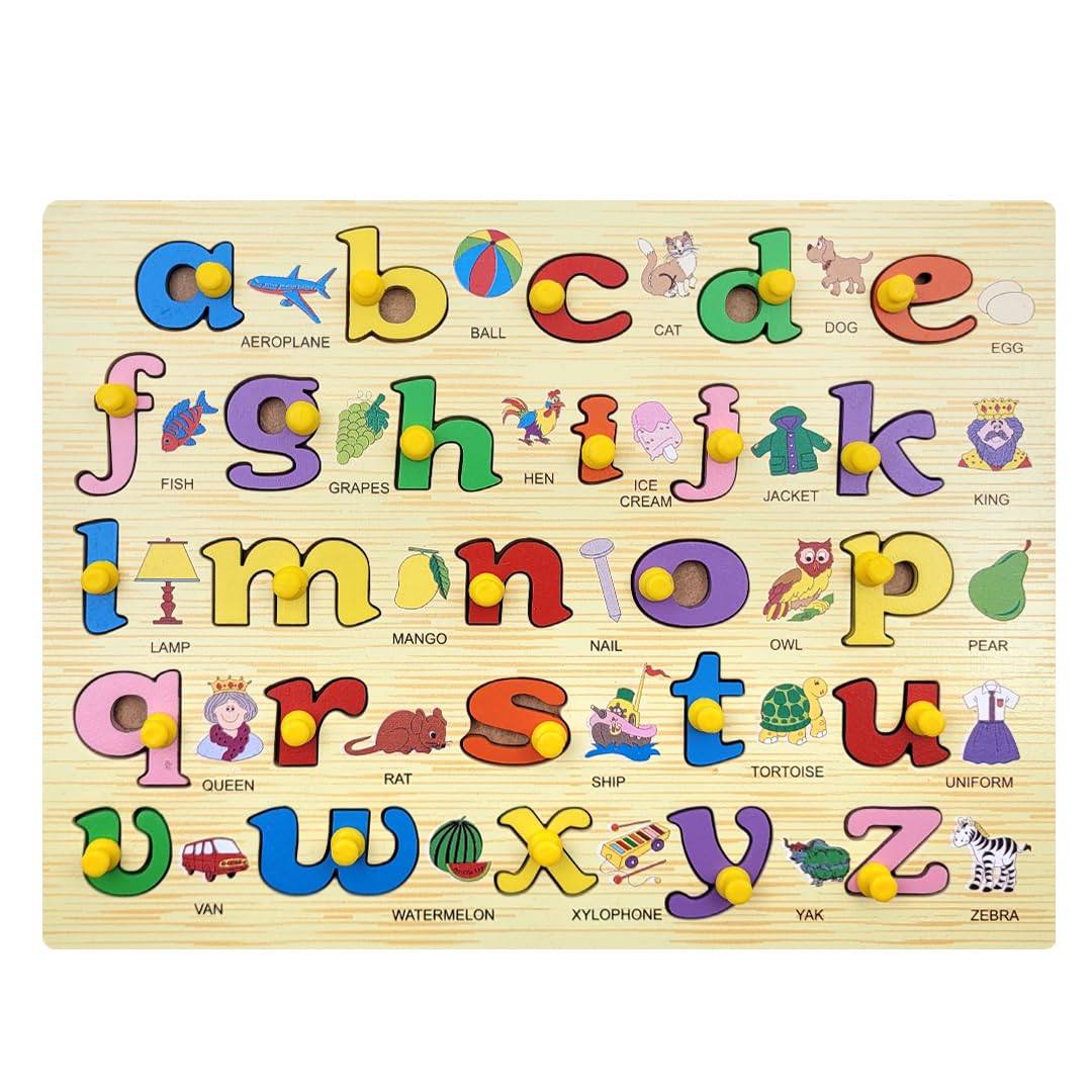 Little Genius Wooden Lowercase Alphabet with Object Puzzle  Fun Learning Educational Toy | Knobbed | Multicolor | Puzzle Tray f