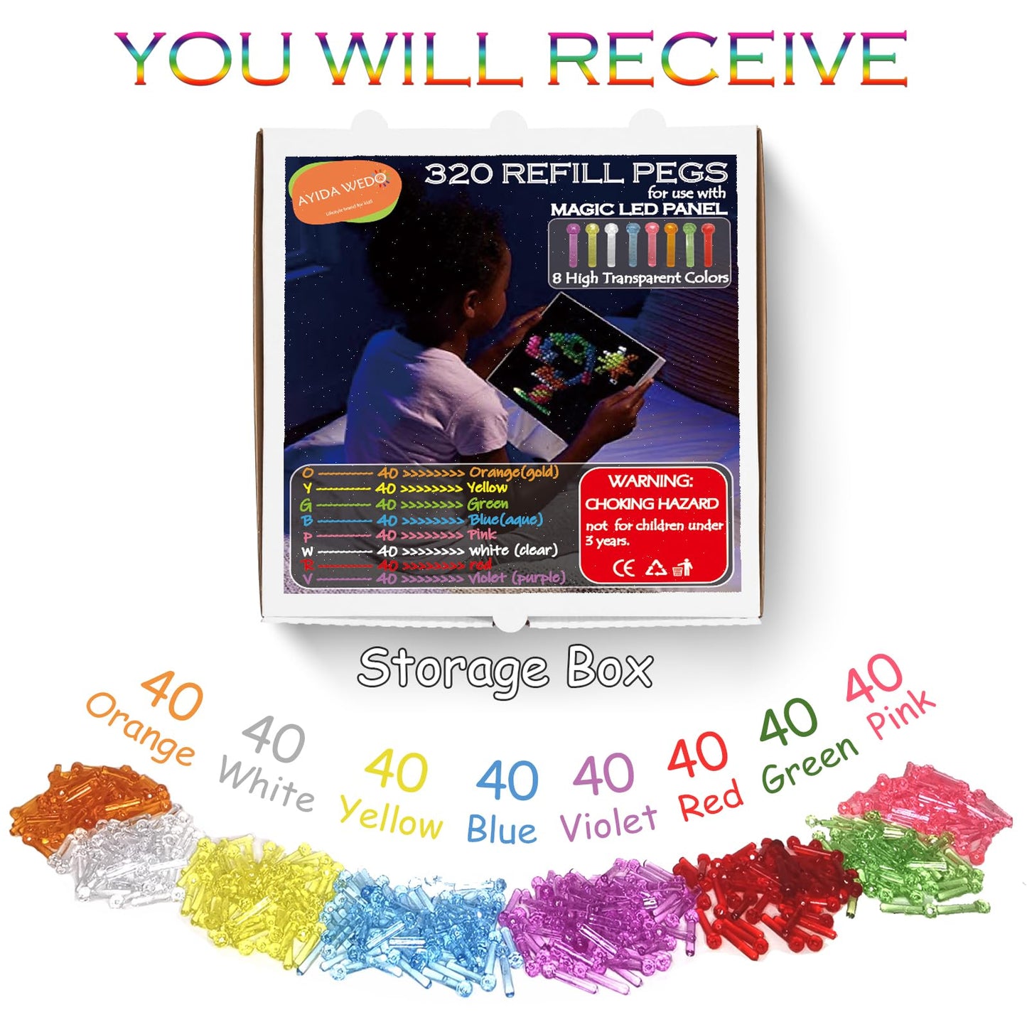 320Pcs Pegs Refill For Light Brite,Light Bright Glow Pegs 8 Colors With Excellent Clear, Led Light Up Board Toy Replacement Peg
