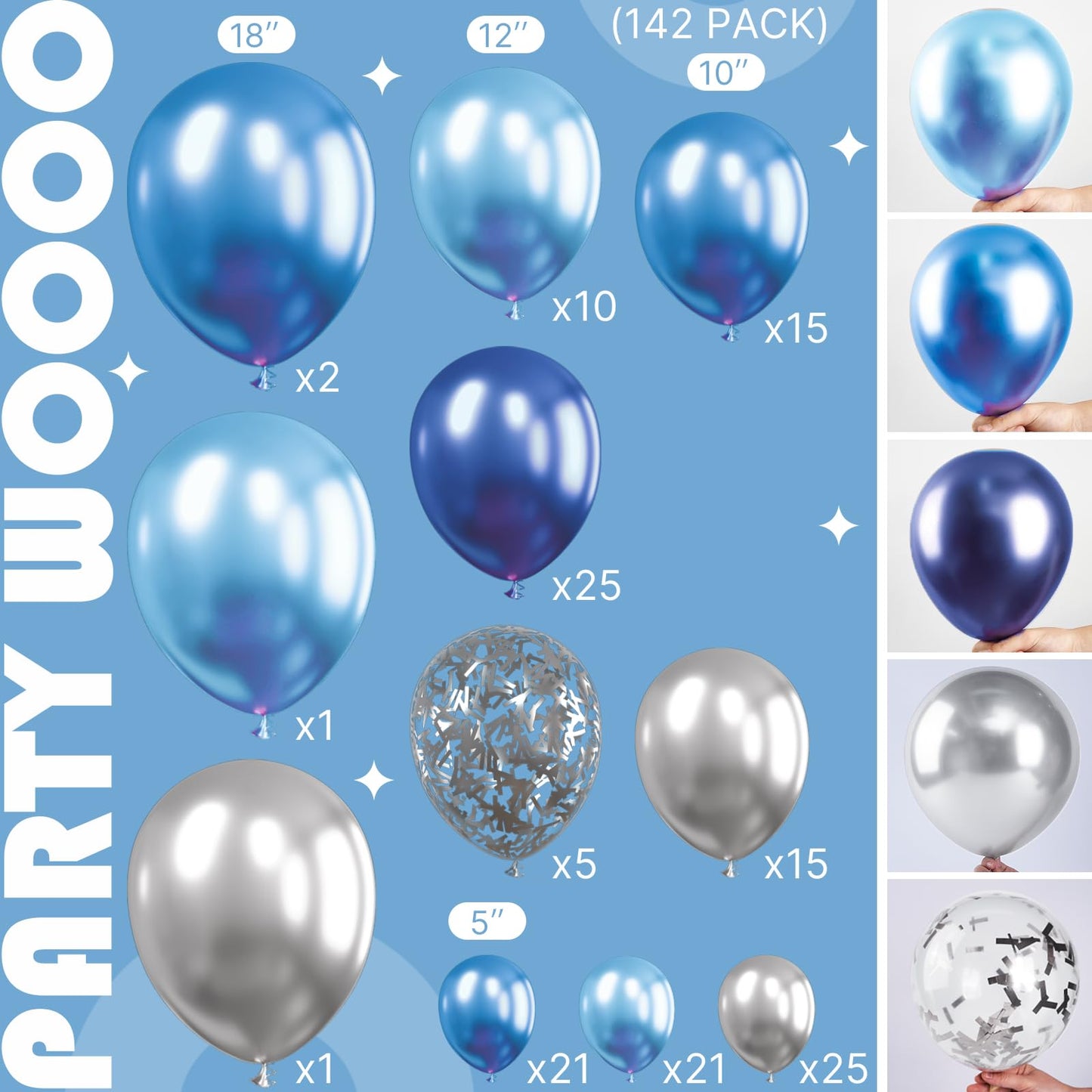 Partywoo Blue Shades Balloon Garland Kit, 142 Pcs Shades Of Blue Balloons Different Sizes Pack Of 18 Inch 12 Inch 10 Inch 5 Inch For Balloon Garland Or Arch As Birthday Decorations, Party Decorations