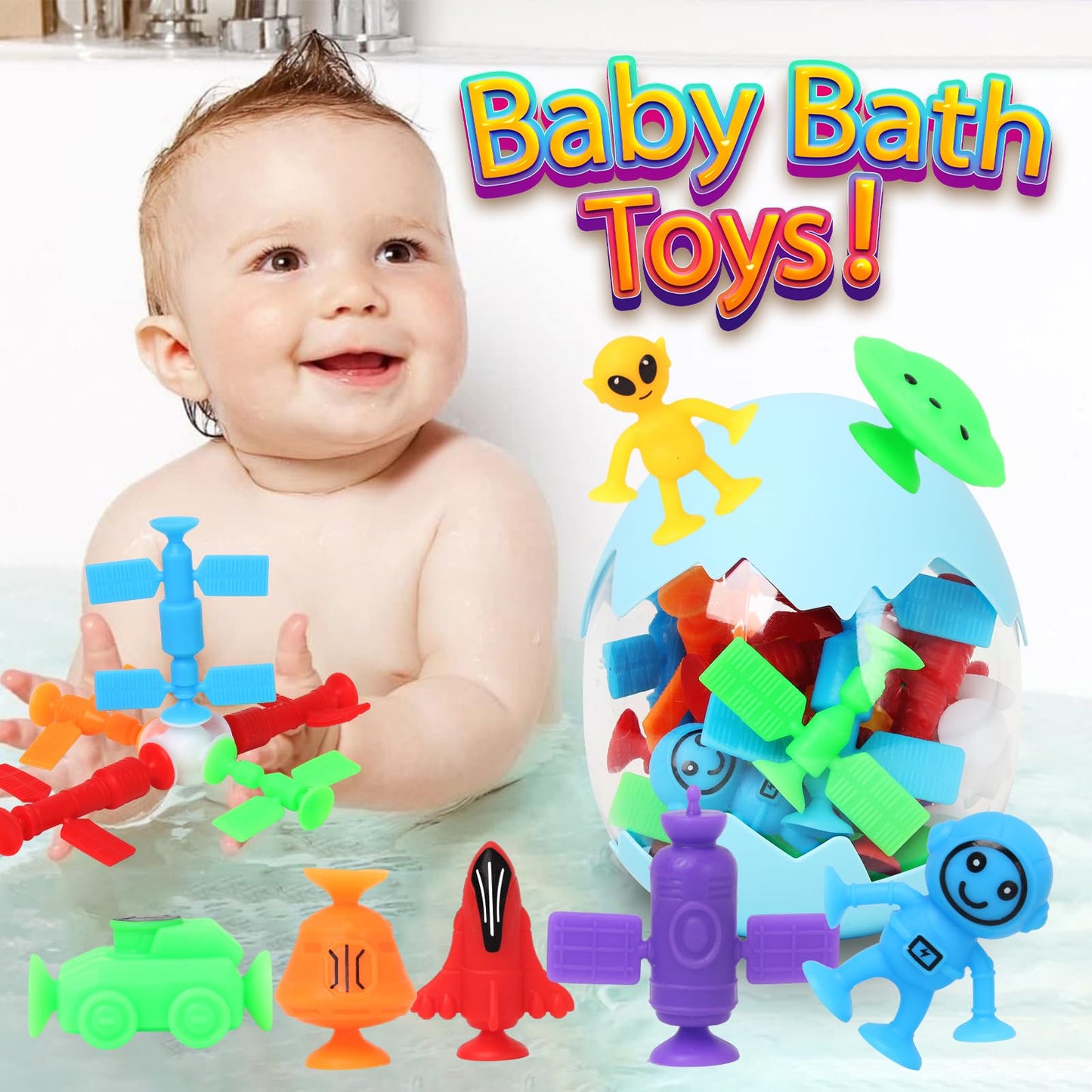 Suction Bath Toys For Kids, 20 Pcs No Hole Outer Space Bath Toy With Eggshell & Bag, Silicone Suction Cup Toys, Sensory Window B