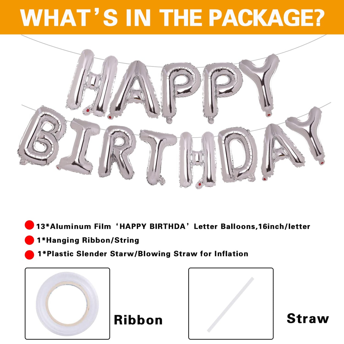 Accevo Silver Mylar Foil Happy Birthday Balloon Banner - 16 Inch Aluminum Letters for Kids & Adults Party Decorations