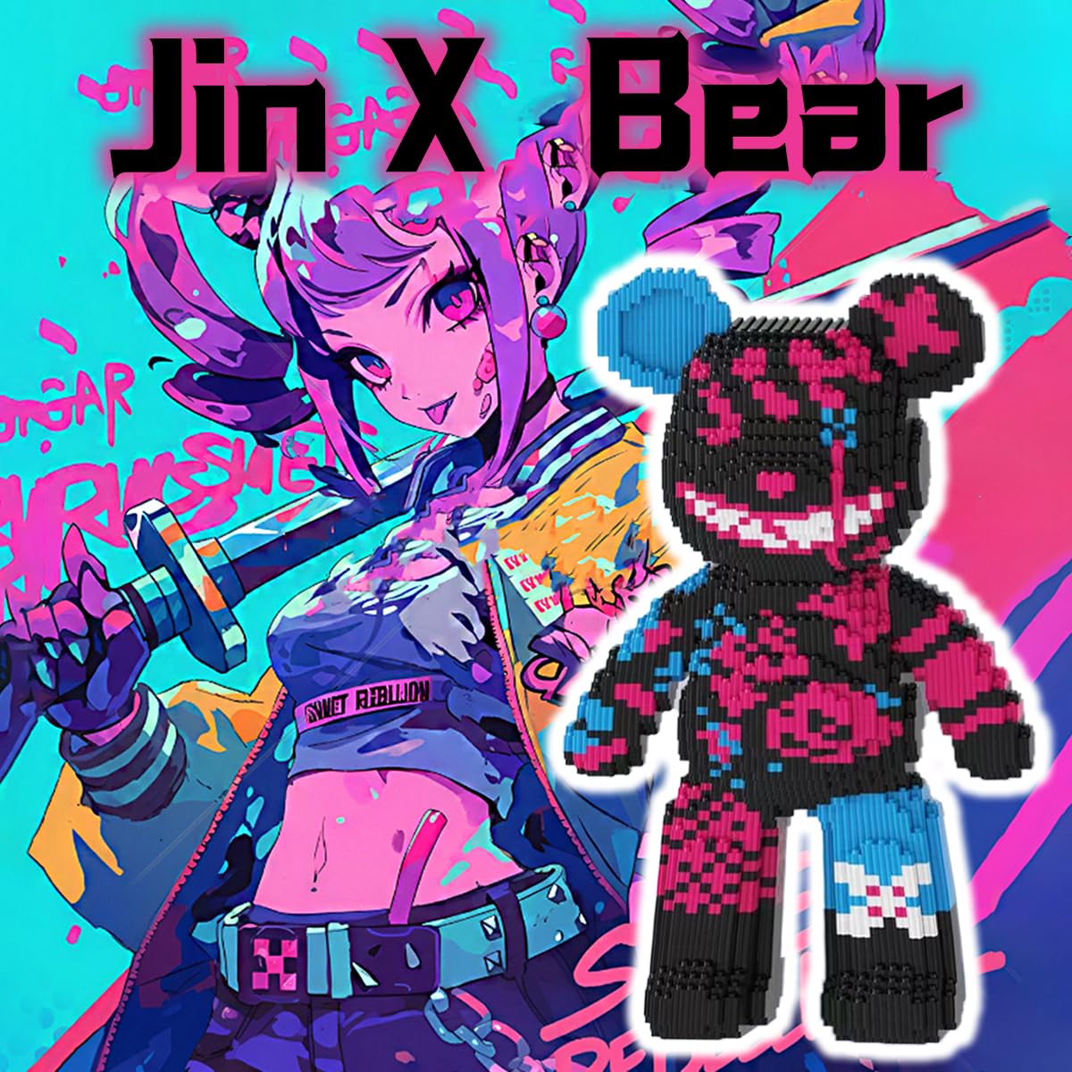 VIIOVOIIV Jinx Graffiti Teddy Bear Micro Building Blocks Set(3688Pieces) Animal Winktoys Blocks Bear Building Blocks Gift for mature-themed