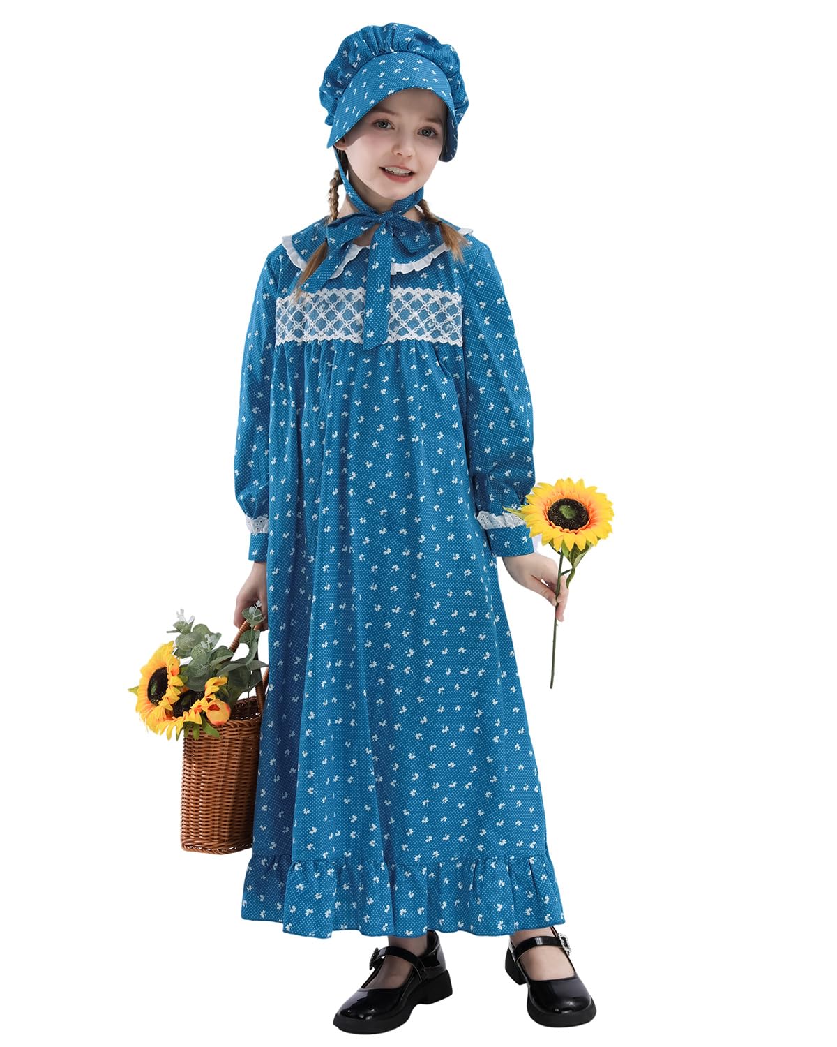 Cr Rolecos Colonial Costume Girls Prairie Pioneer Dress For Girls With Lace Pilgrim Costume Blue S Age Over 4 Years Old
