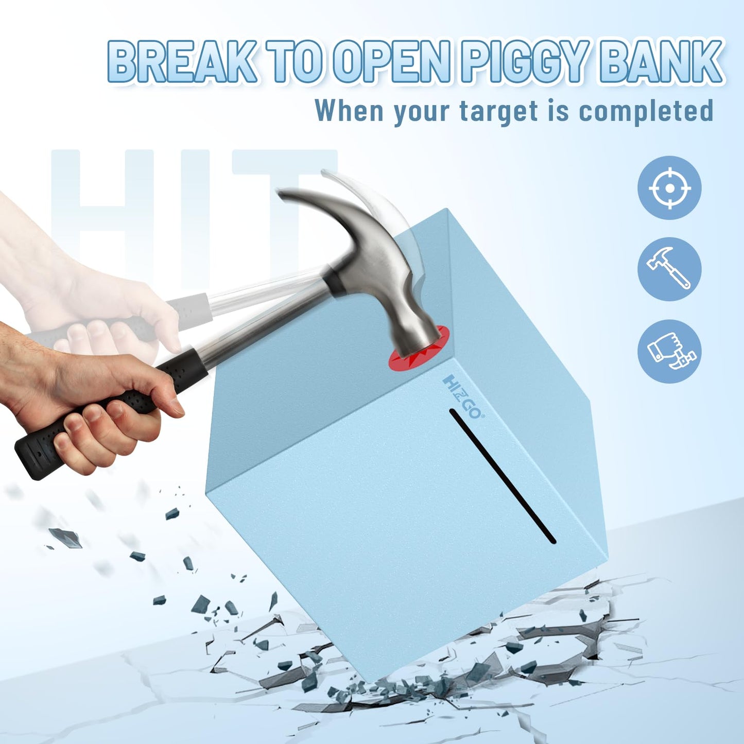 Hizgo Adults Blue Piggy Bank, Stainless Steel Piggy Bank For Adults/Kids Must Break To Open, Unopenable Money Saving Box(4.72-Inch, Blue)