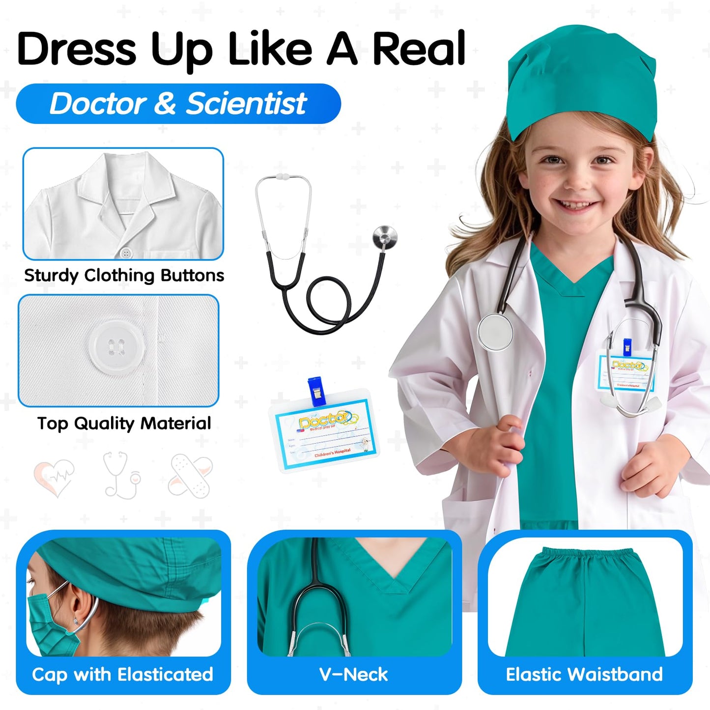 COTATERO Doctor Scrubs Costume for Kids With Stethoscope Lab Coat Career Day Costume Doctor Dress Up For Boys Girls 3-12