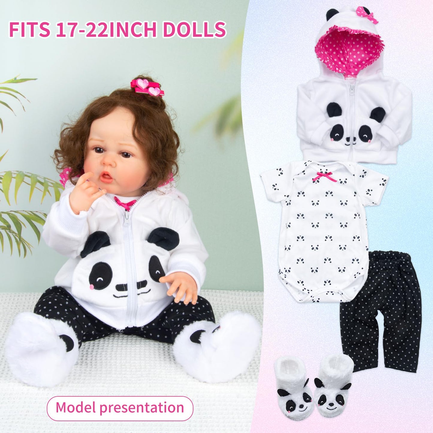 Reborn Baby Dolls Clothes Girl Outfits Accesories Panda 11 Pcs Set for 17-19 Inch Reborn Doll Newborn Girl&Boy with Backpack&Diaper